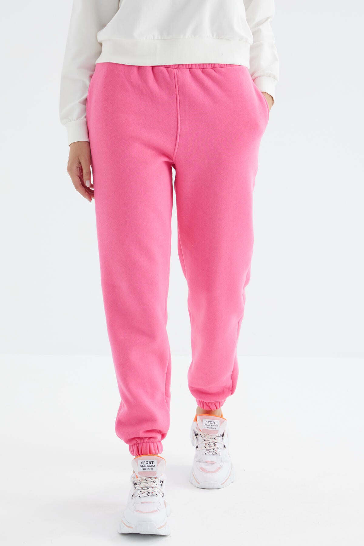 Sugar Pink High Waist Brushed 3-Thread Cotton Basic Women's Tracksuit Bottom - 94624