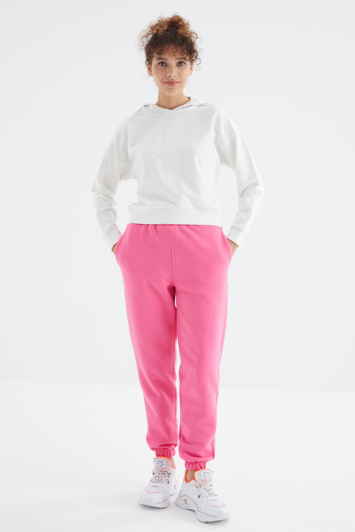 Sugar Pink High Waist Brushed 3-Thread Cotton Basic Women's Tracksuit Bottom - 94624