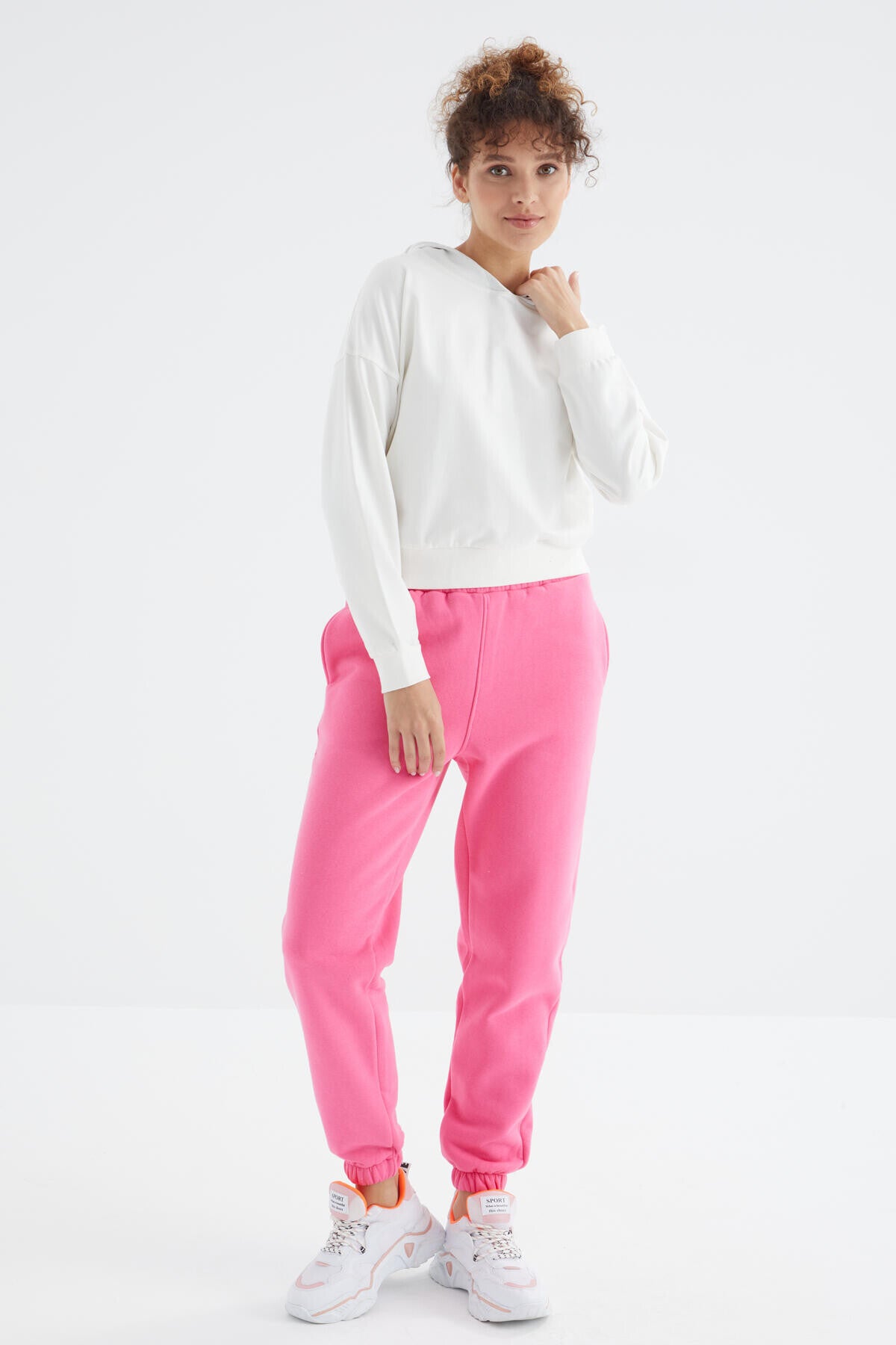 Sugar Pink High Waist Brushed 3-Thread Cotton Basic Women's Tracksuit Bottom - 94624