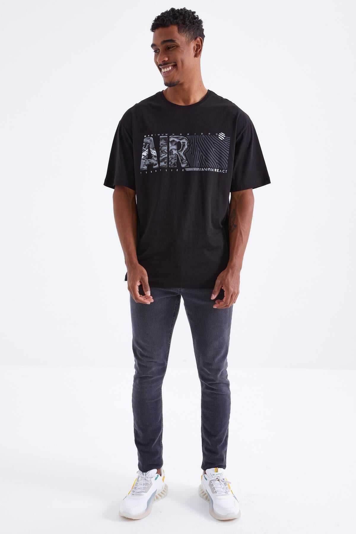 Black Air Print O Collar Men's Oversize T-Shirt - 88097