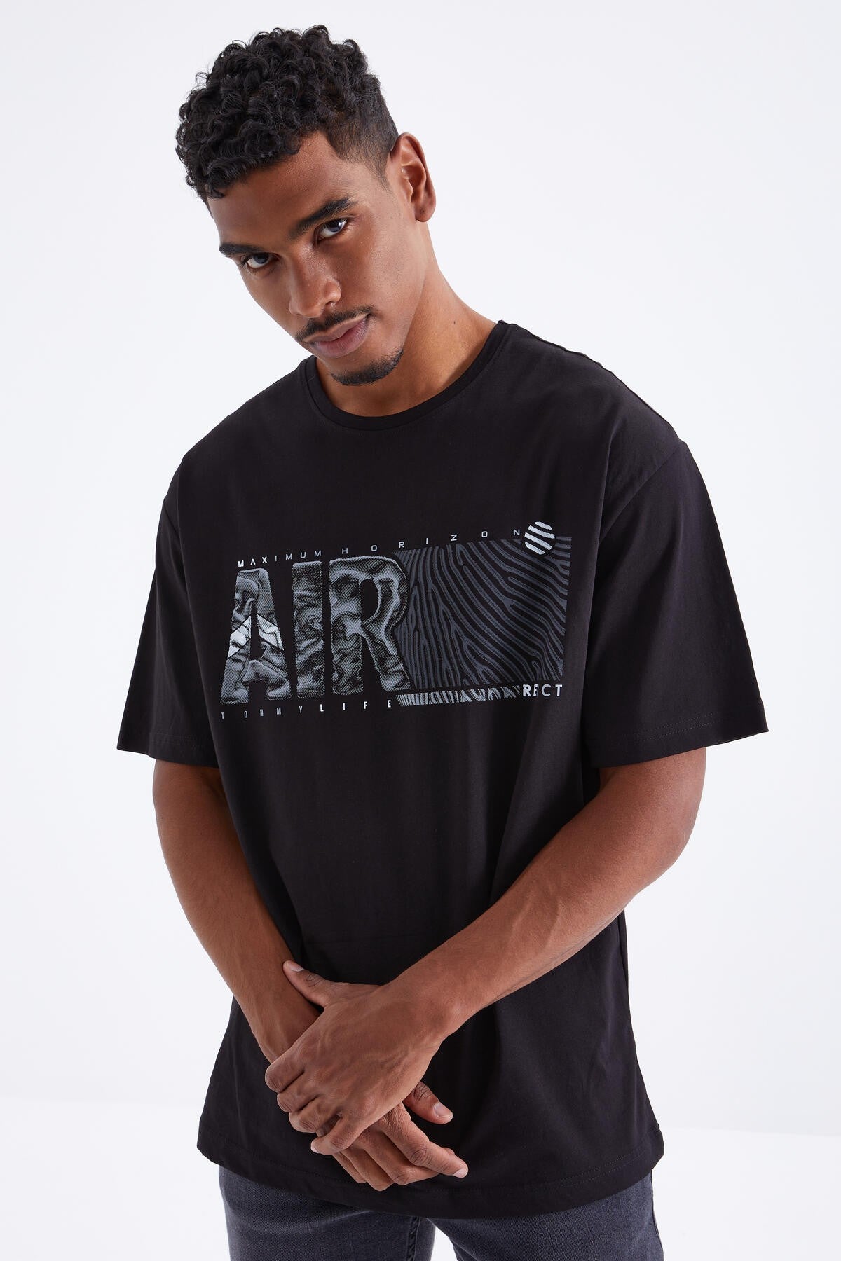 Black Air Print O Collar Men's Oversize T-Shirt - 88097