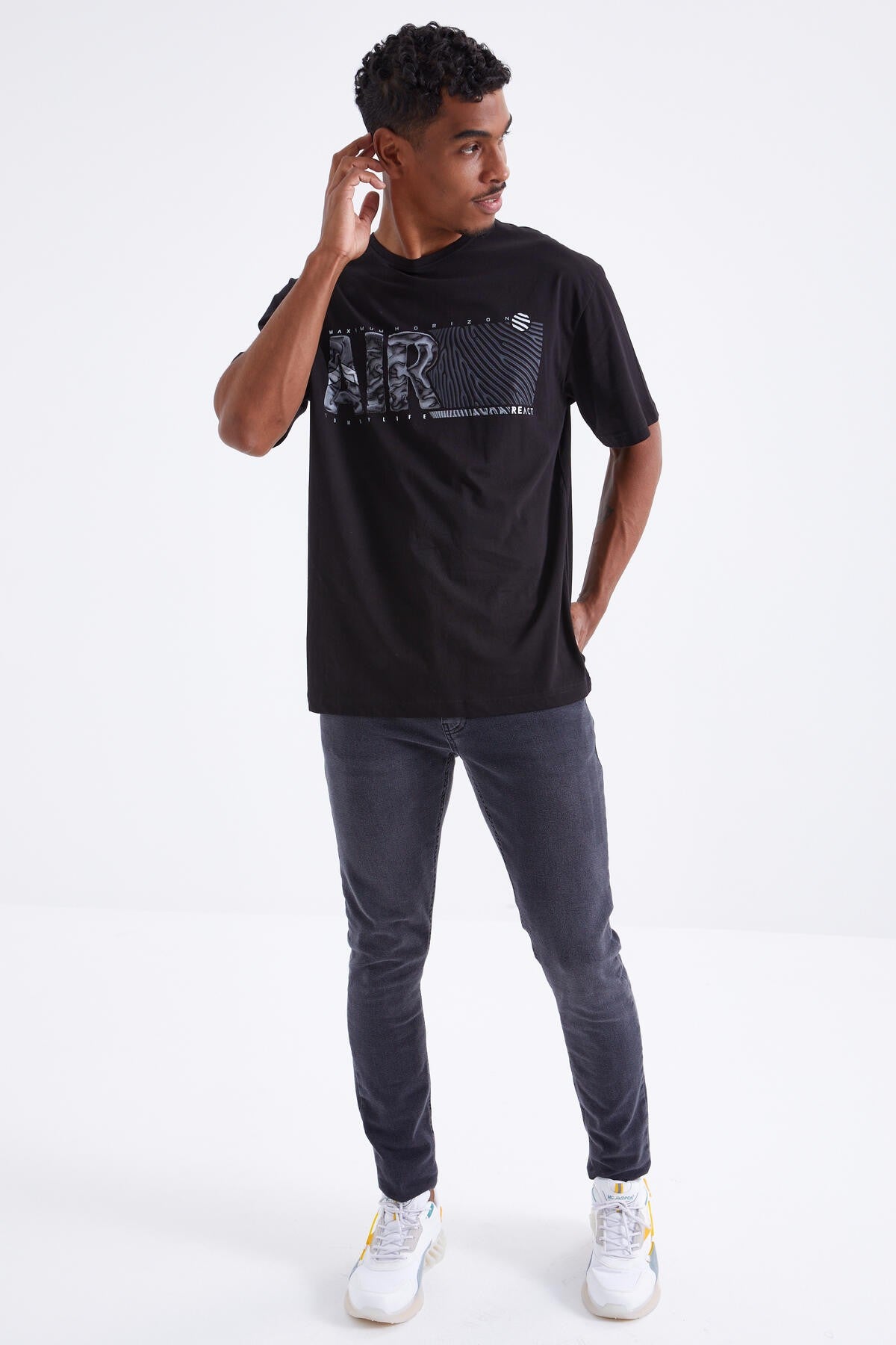 Black Air Print O Collar Men's Oversize T-Shirt - 88097