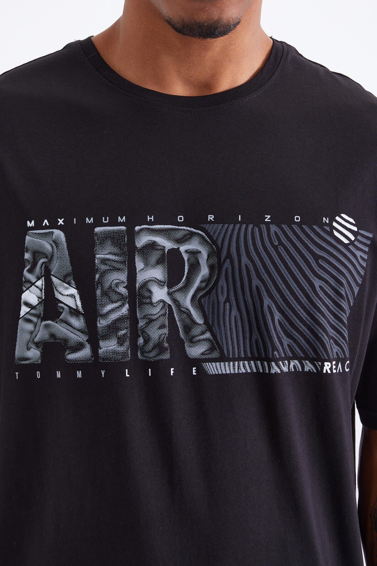 Black Air Print O Collar Men's Oversize T-Shirt - 88097