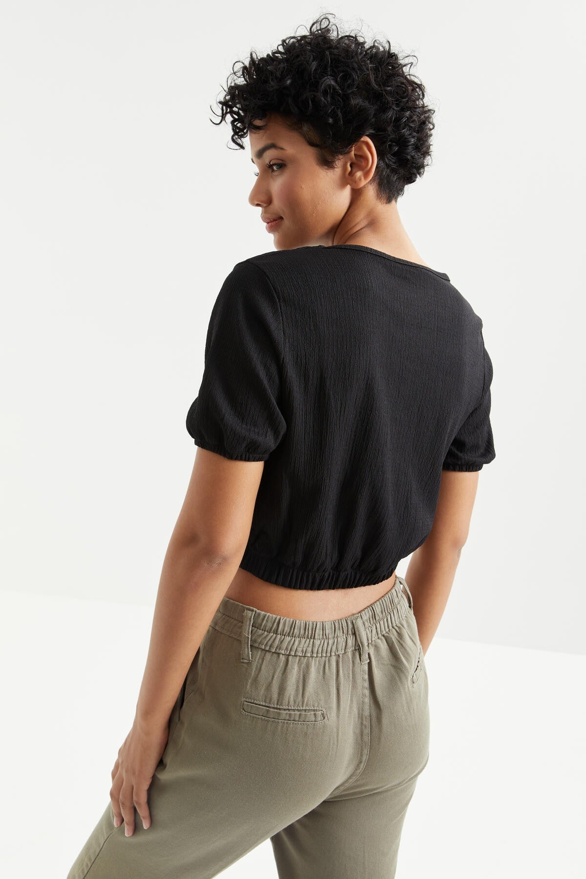 Black Balloon Sleeve O Collar Beli Elastane Crinkle Fabric Women's Crop Top T-Shirt - 97221