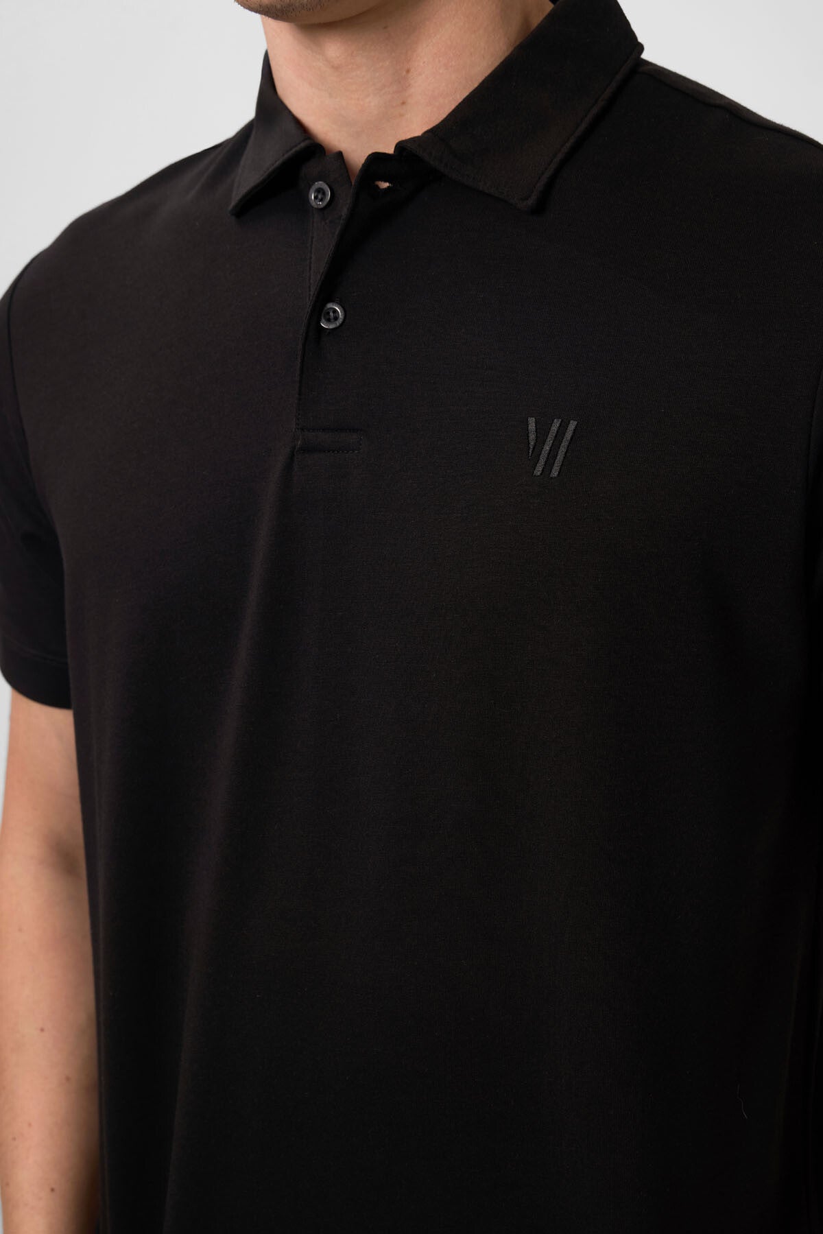 Black Basic Chest Logo Standard Fit Knitted Polo Collar Men's T-Shirt - 87768