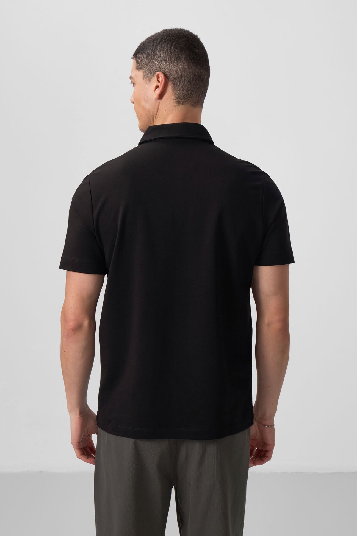 Black Basic Chest Logo Standard Fit Knitted Polo Collar Men's T-Shirt - 87768