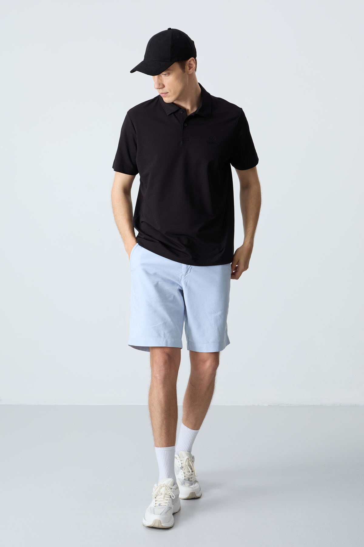 Black Basic Logo Standard Fit Knitted Polo Collar Men's T-Shirt - 87748