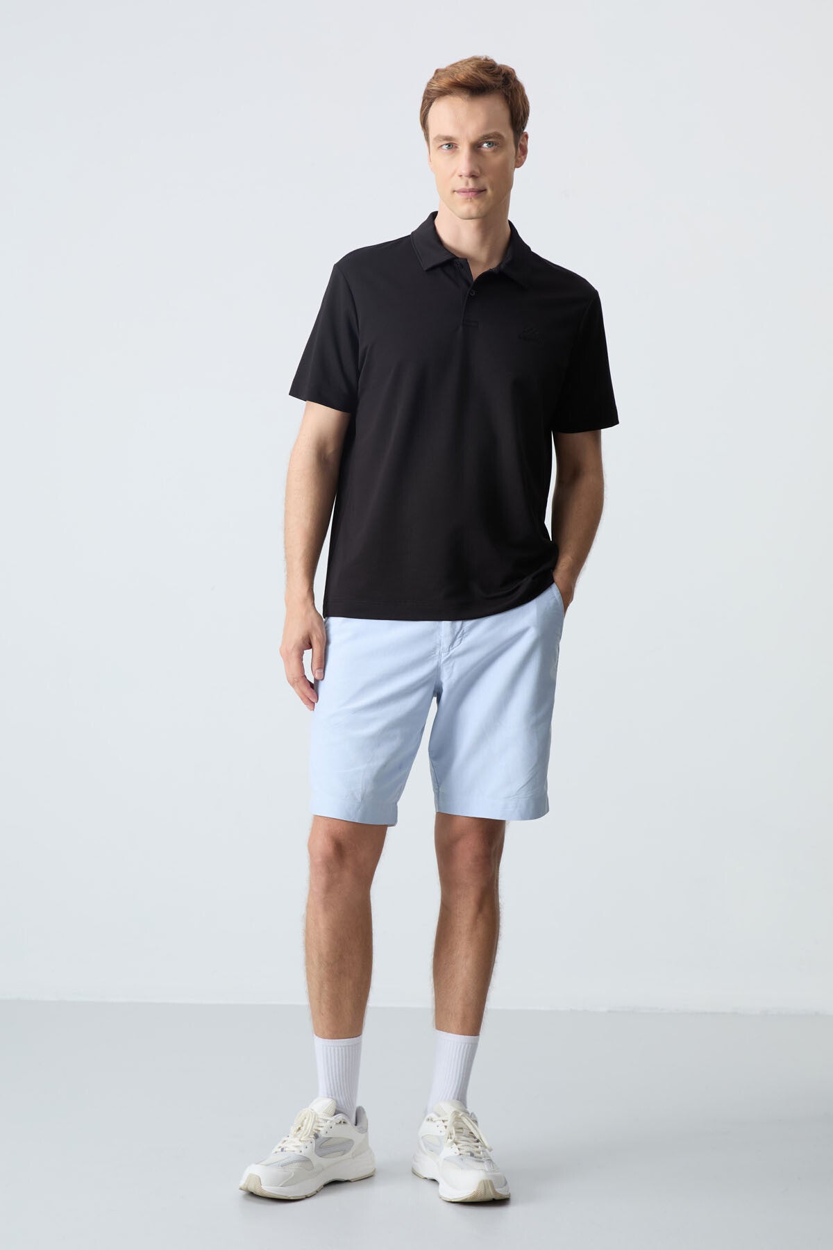 Black Basic Logo Standard Fit Knitted Polo Collar Men's T-Shirt - 87748