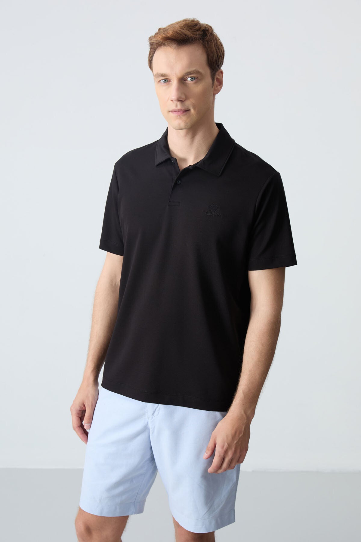 Black Basic Logo Standard Fit Knitted Polo Collar Men's T-Shirt - 87748