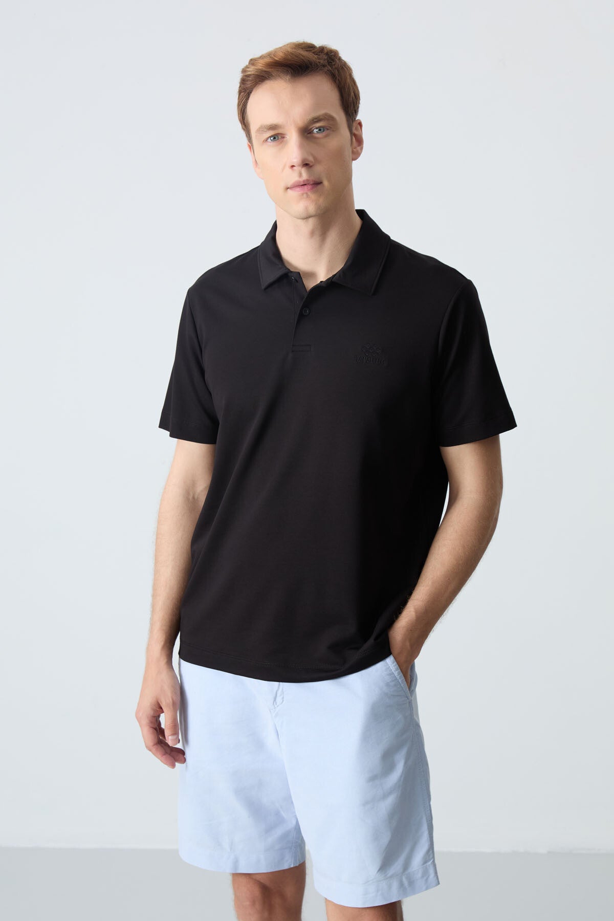 Black Basic Logo Standard Fit Knitted Polo Collar Men's T-Shirt - 87748
