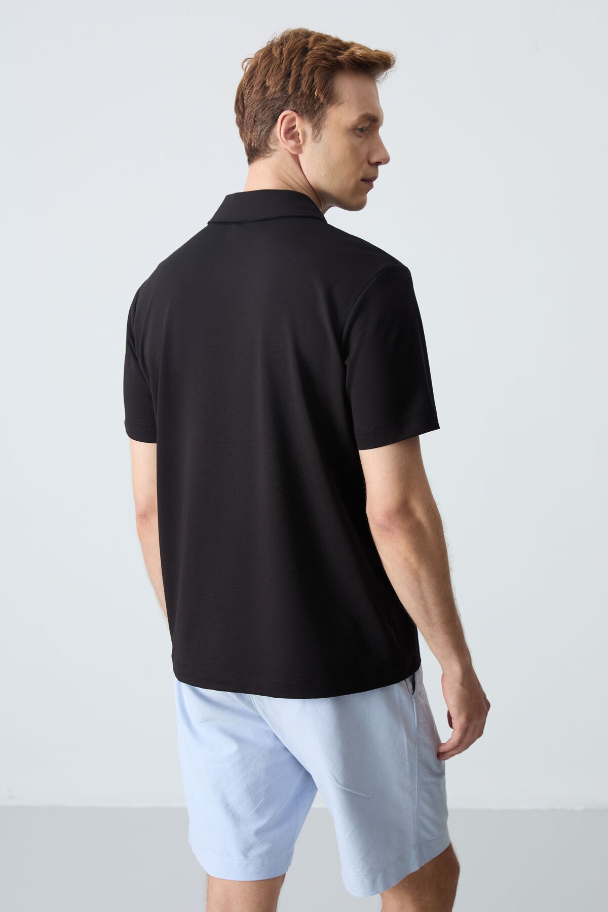Black Basic Logo Standard Fit Knitted Polo Collar Men's T-Shirt - 87748