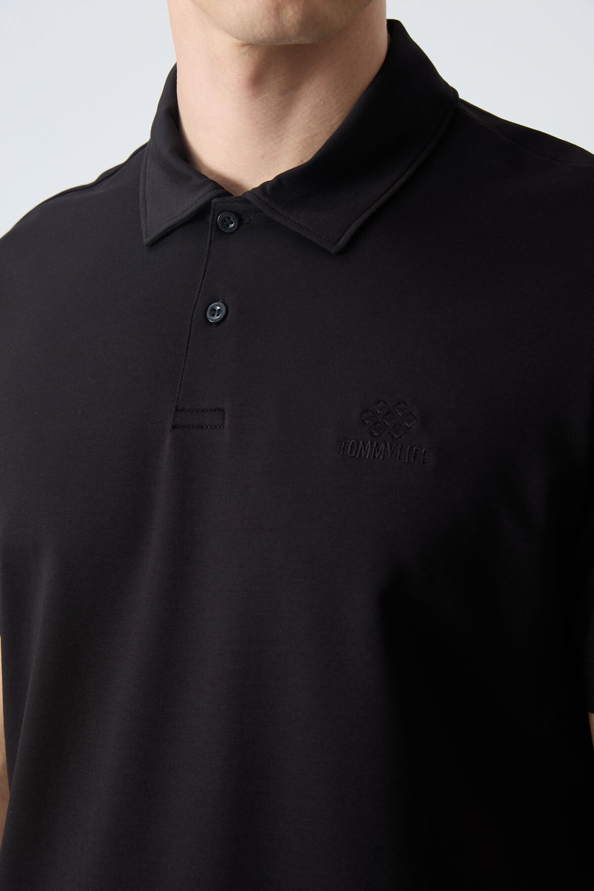 Black Basic Logo Standard Fit Knitted Polo Collar Men's T-Shirt - 87748