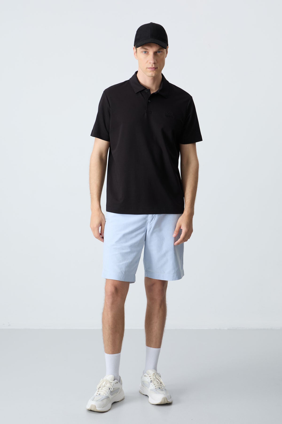 Black Basic Logo Standard Fit Knitted Polo Collar Men's T-Shirt - 87748