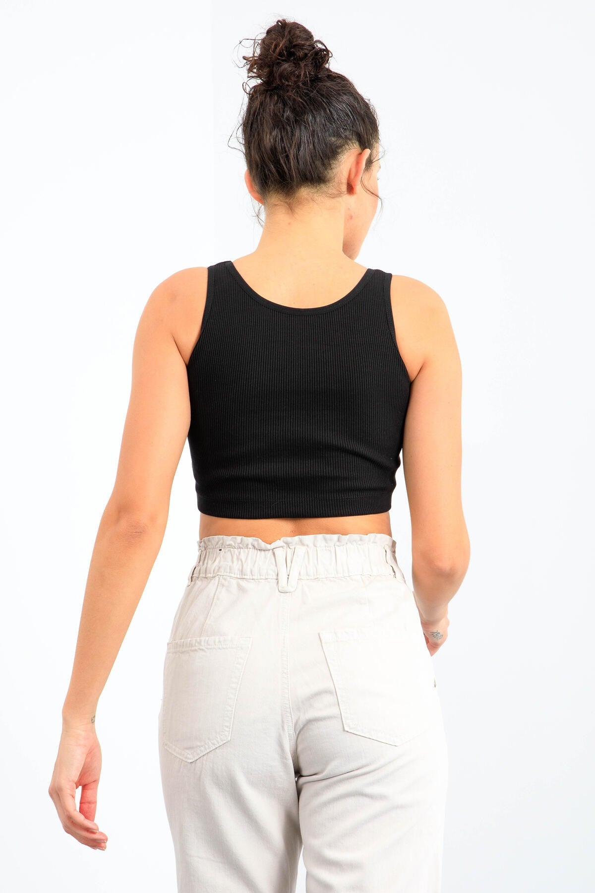 Black Basic Zero Sleeve Slim Fit U Neck Women's Crop Top Singlet - 97160