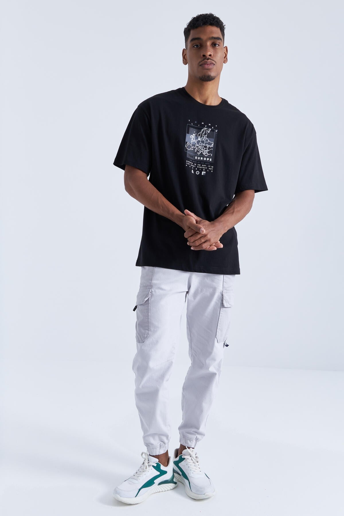 Black Print Detailed O Collar Men's Oversize T-Shirt - 88094