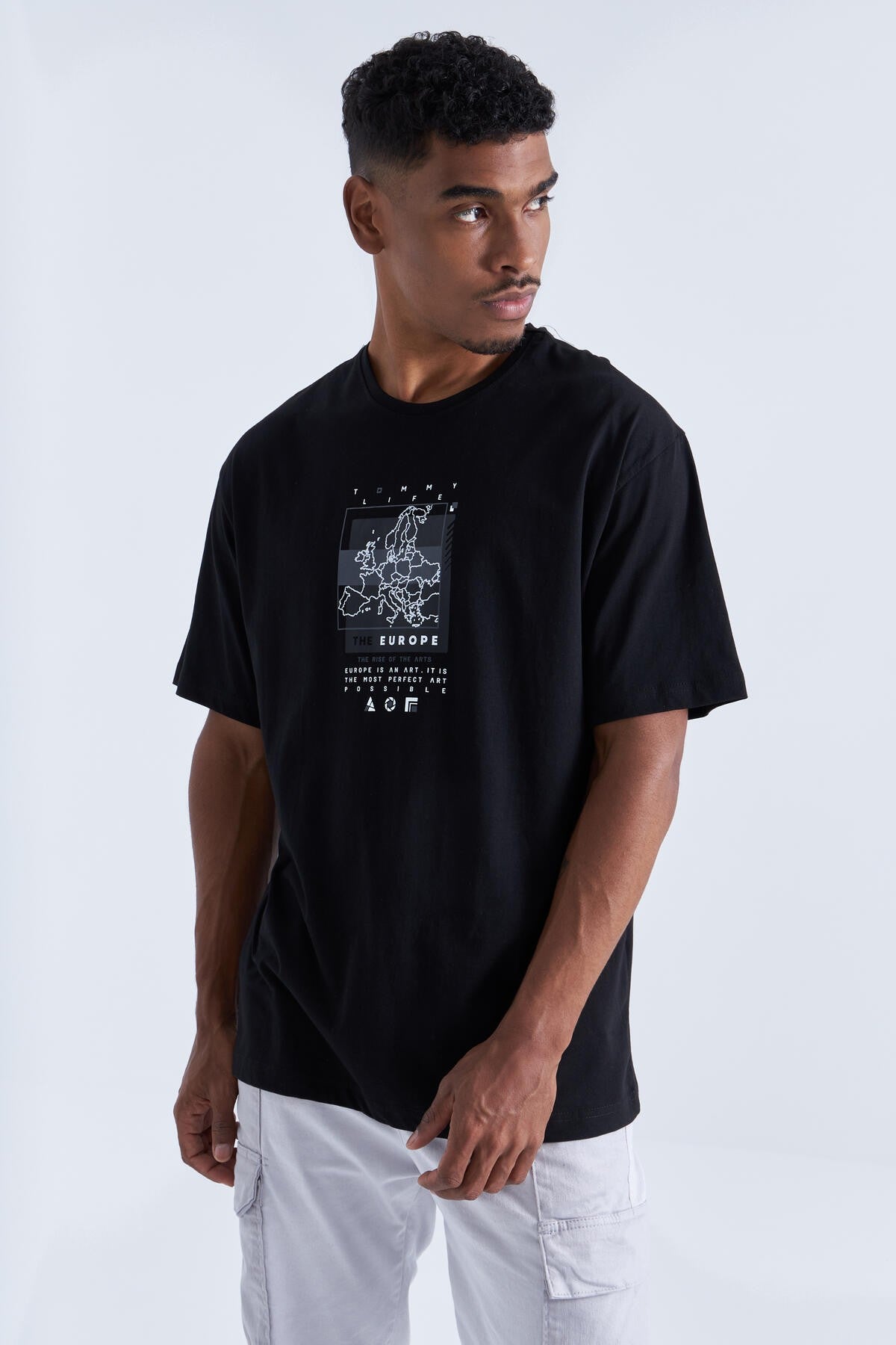 Black Print Detailed O Collar Men's Oversize T-Shirt - 88094