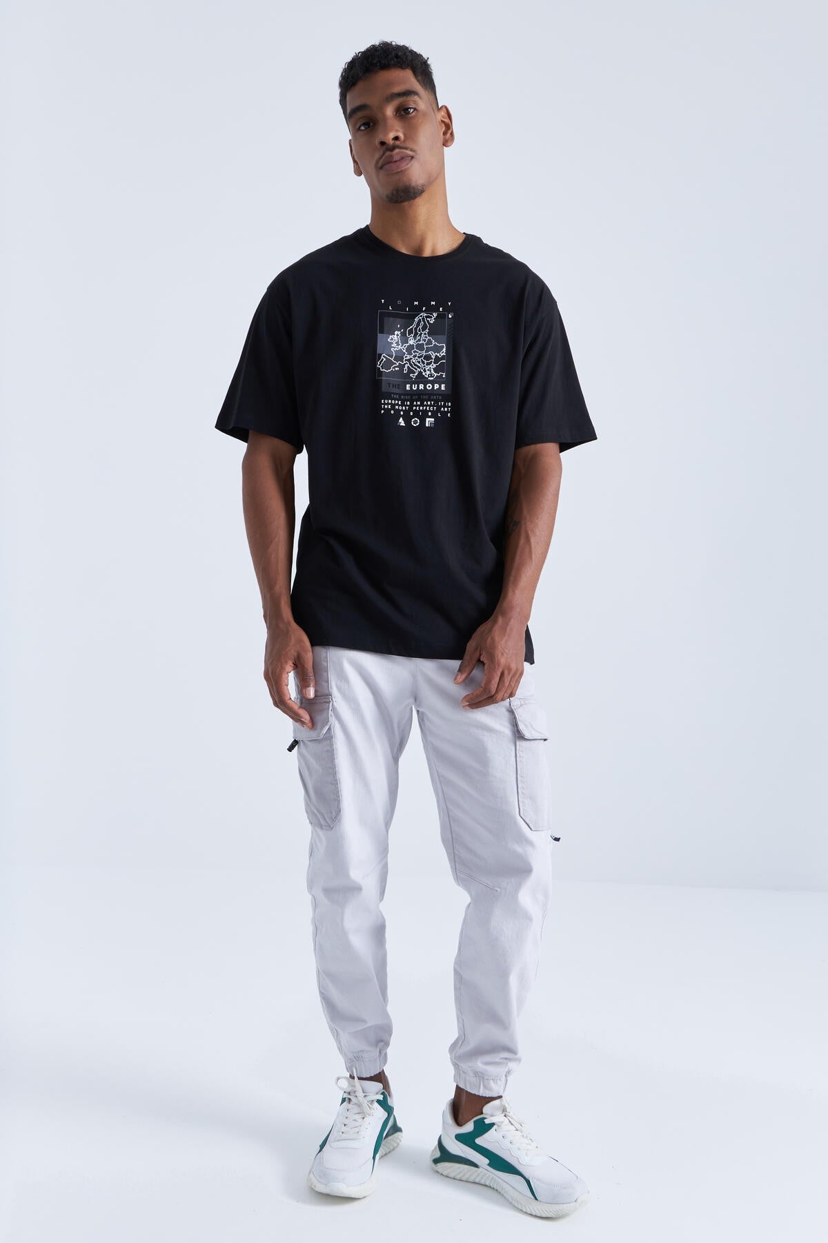 Black Print Detailed O Collar Men's Oversize T-Shirt - 88094