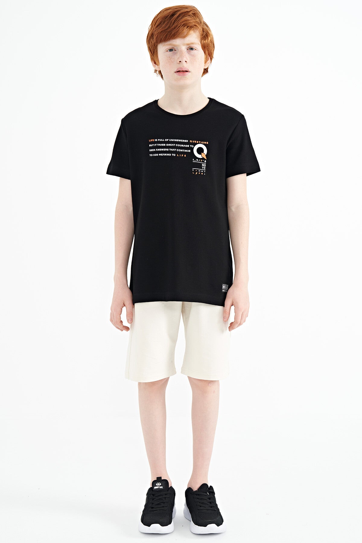 Black Print Detailed O Collar Standard Fit Boys' T-Shirt - 11145