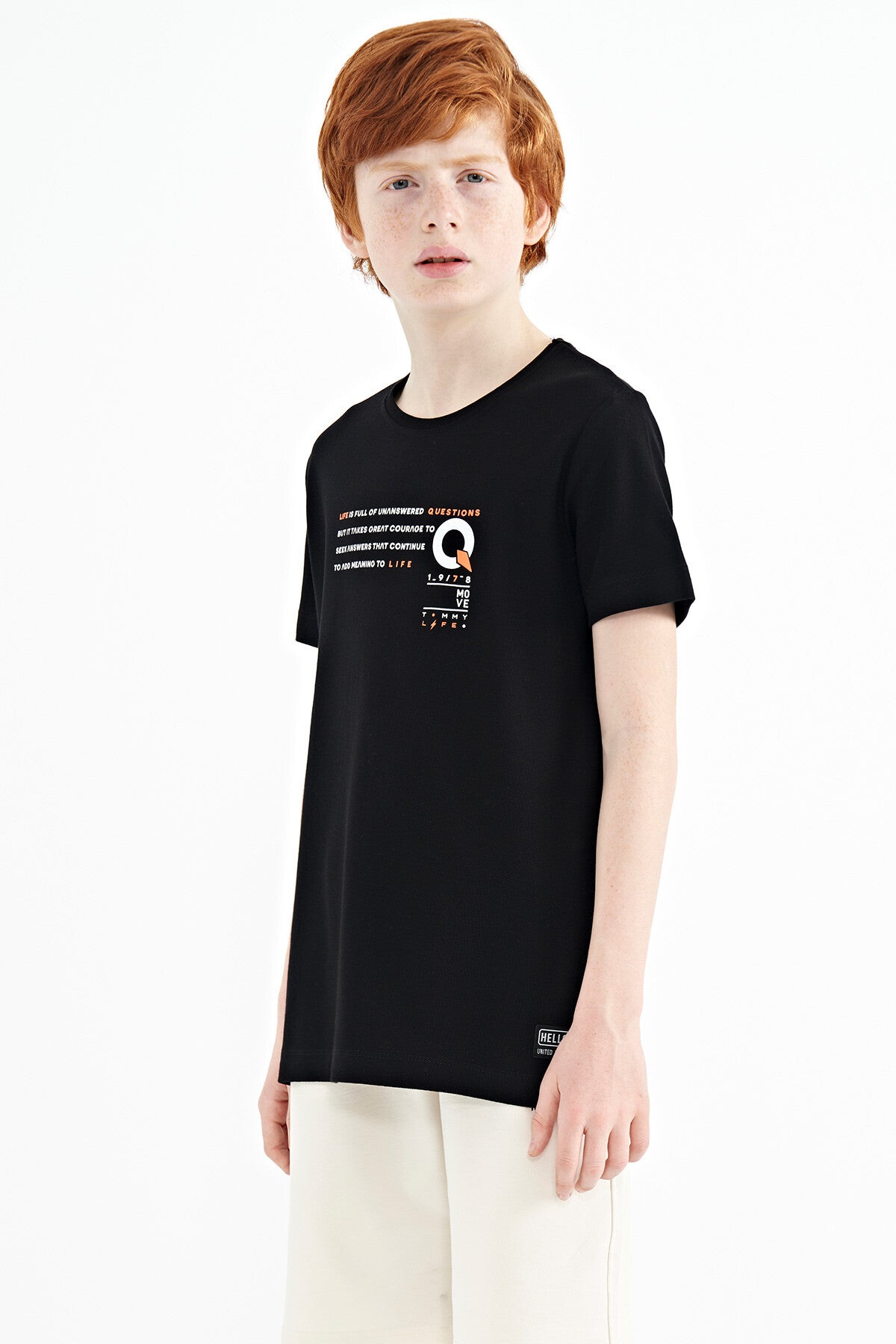 Black Print Detailed O Collar Standard Fit Boys' T-Shirt - 11145