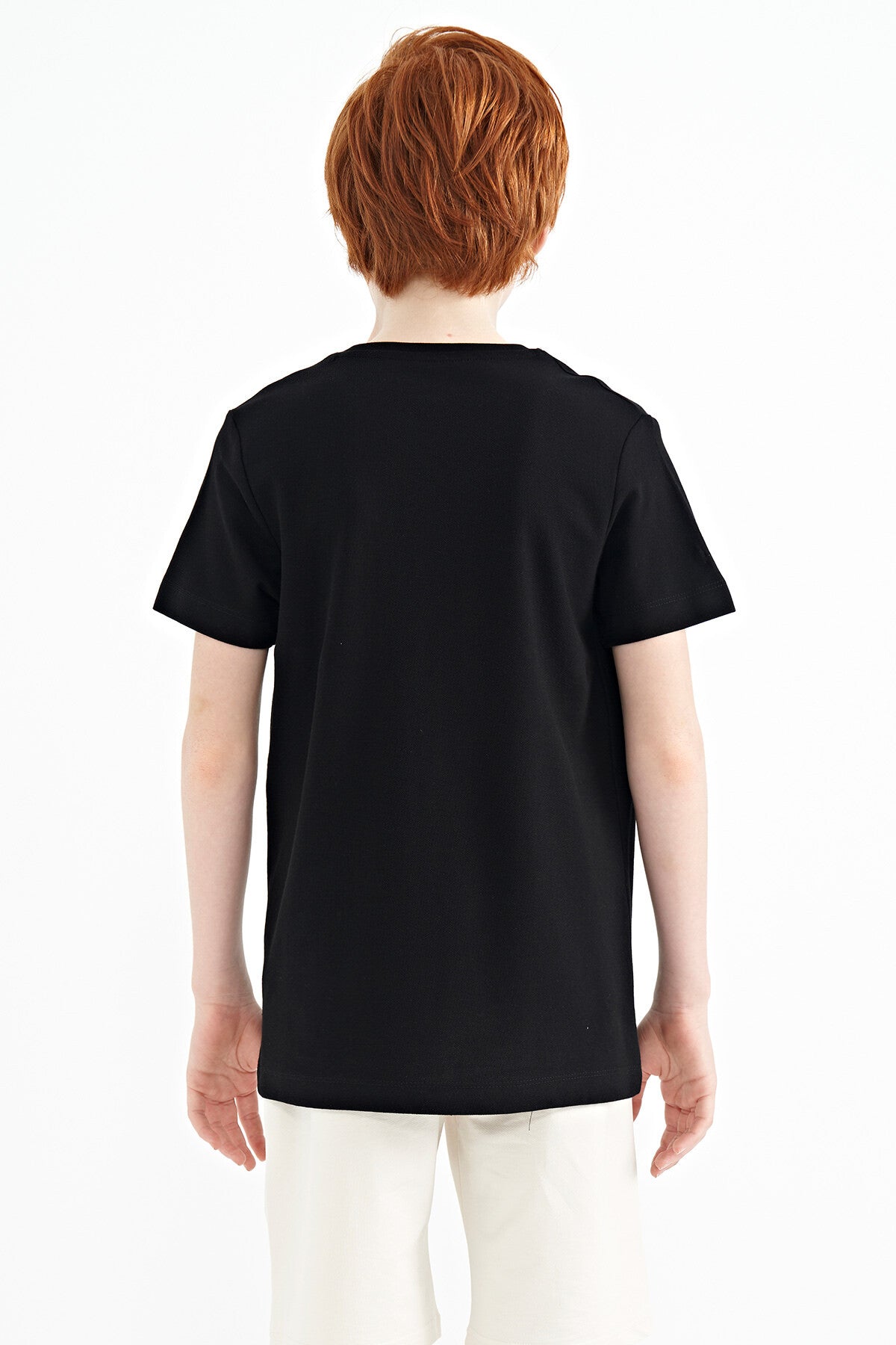 Black Print Detailed O Collar Standard Fit Boys' T-Shirt - 11145