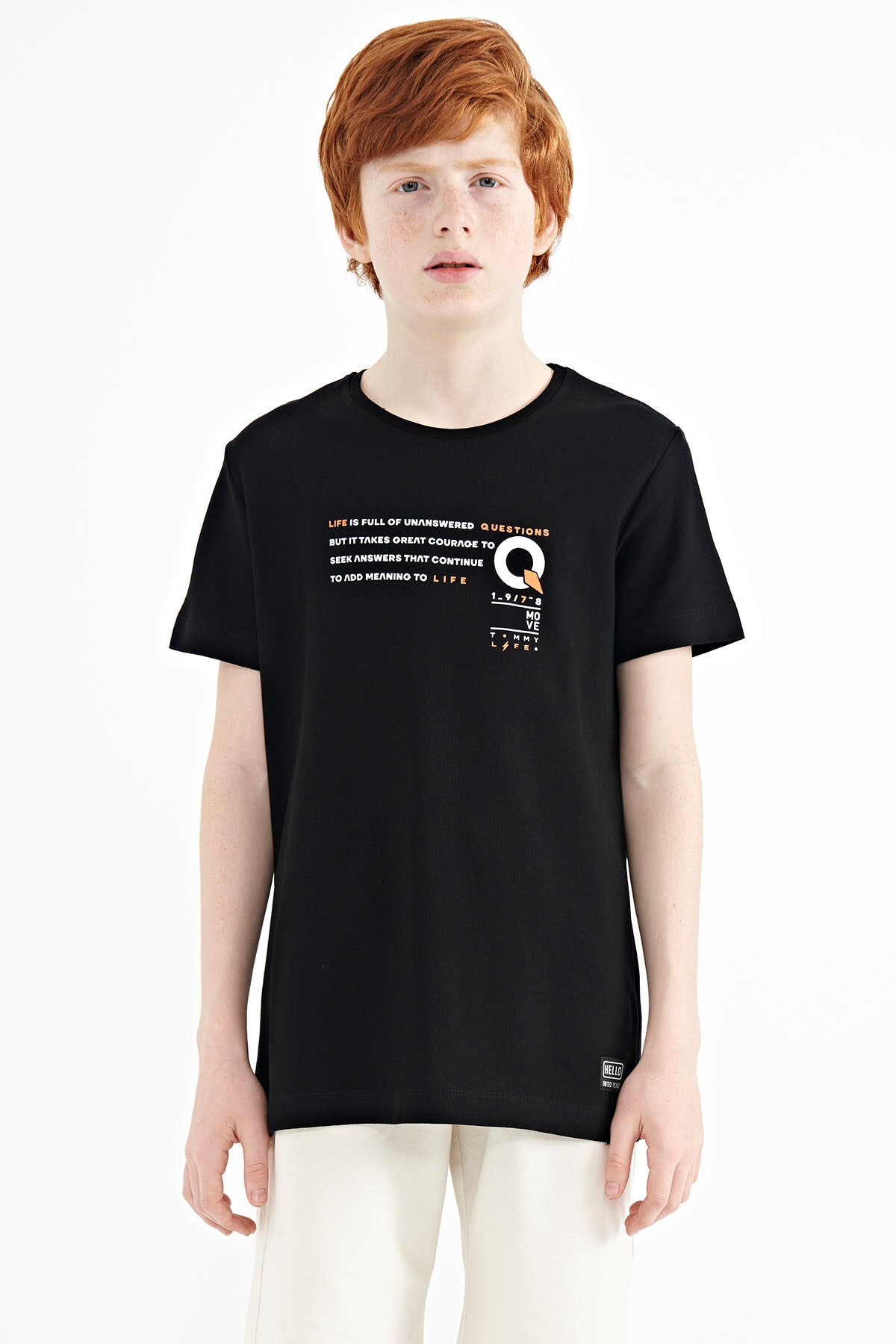 Black Print Detailed O Collar Standard Fit Boys' T-Shirt - 11145