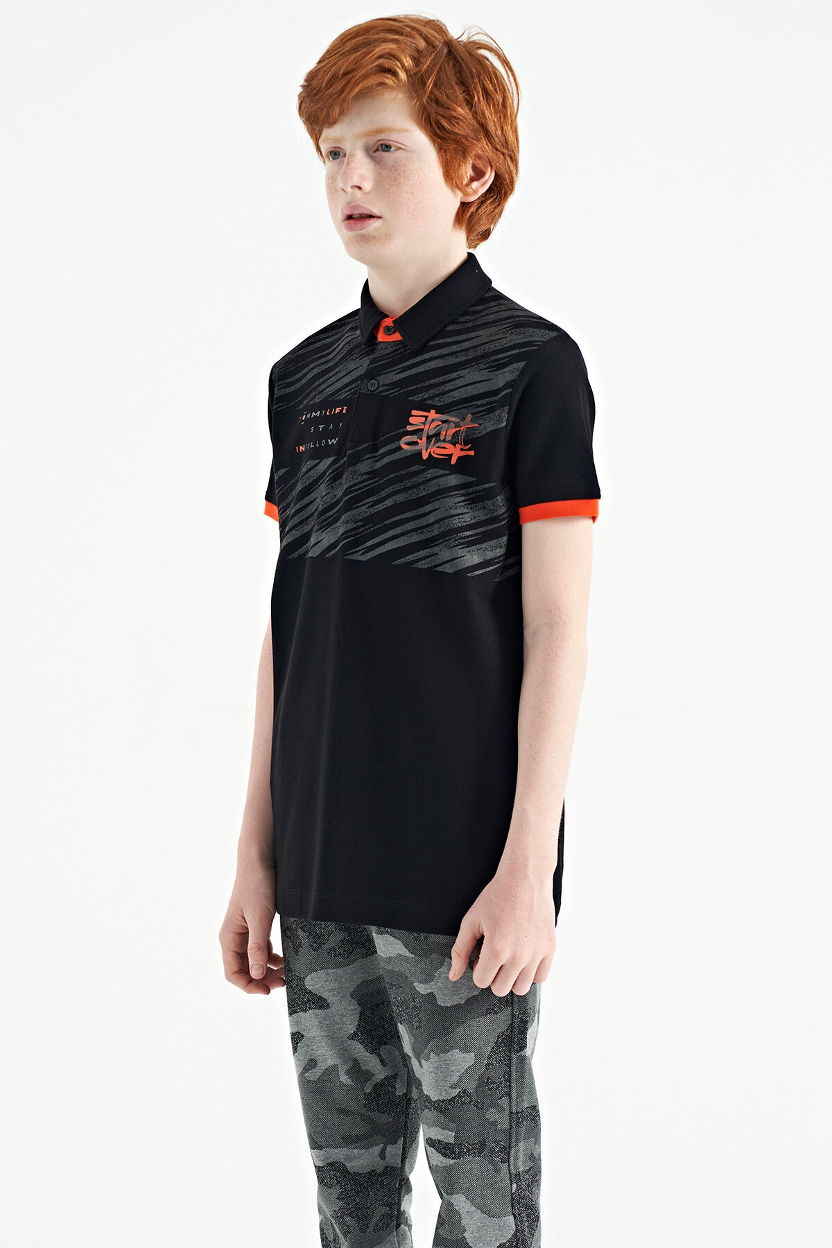 Black Print Detailed Polo Collar Standard Fit Boys' T-Shirt - 11161