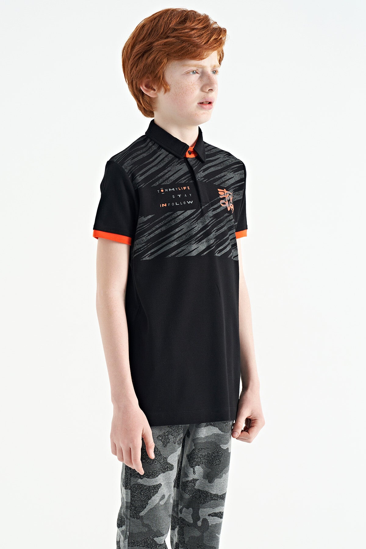 Black Print Detailed Polo Collar Standard Fit Boys' T-Shirt - 11161