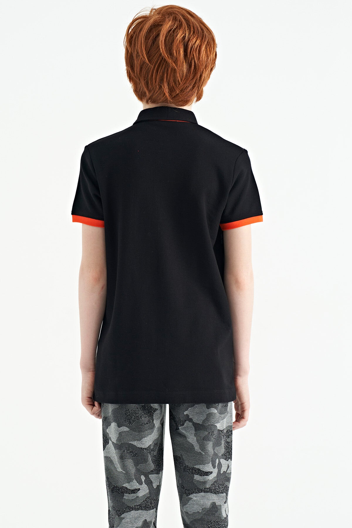 Black Print Detailed Polo Collar Standard Fit Boys' T-Shirt - 11161