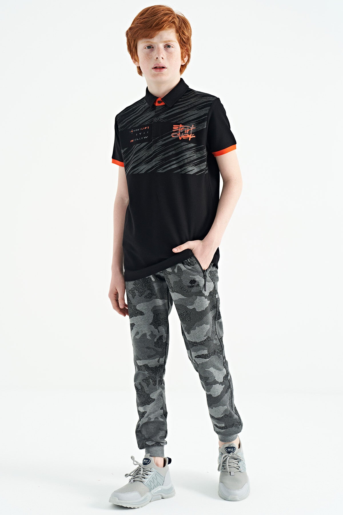 Black Print Detailed Polo Collar Standard Fit Boys' T-Shirt - 11161