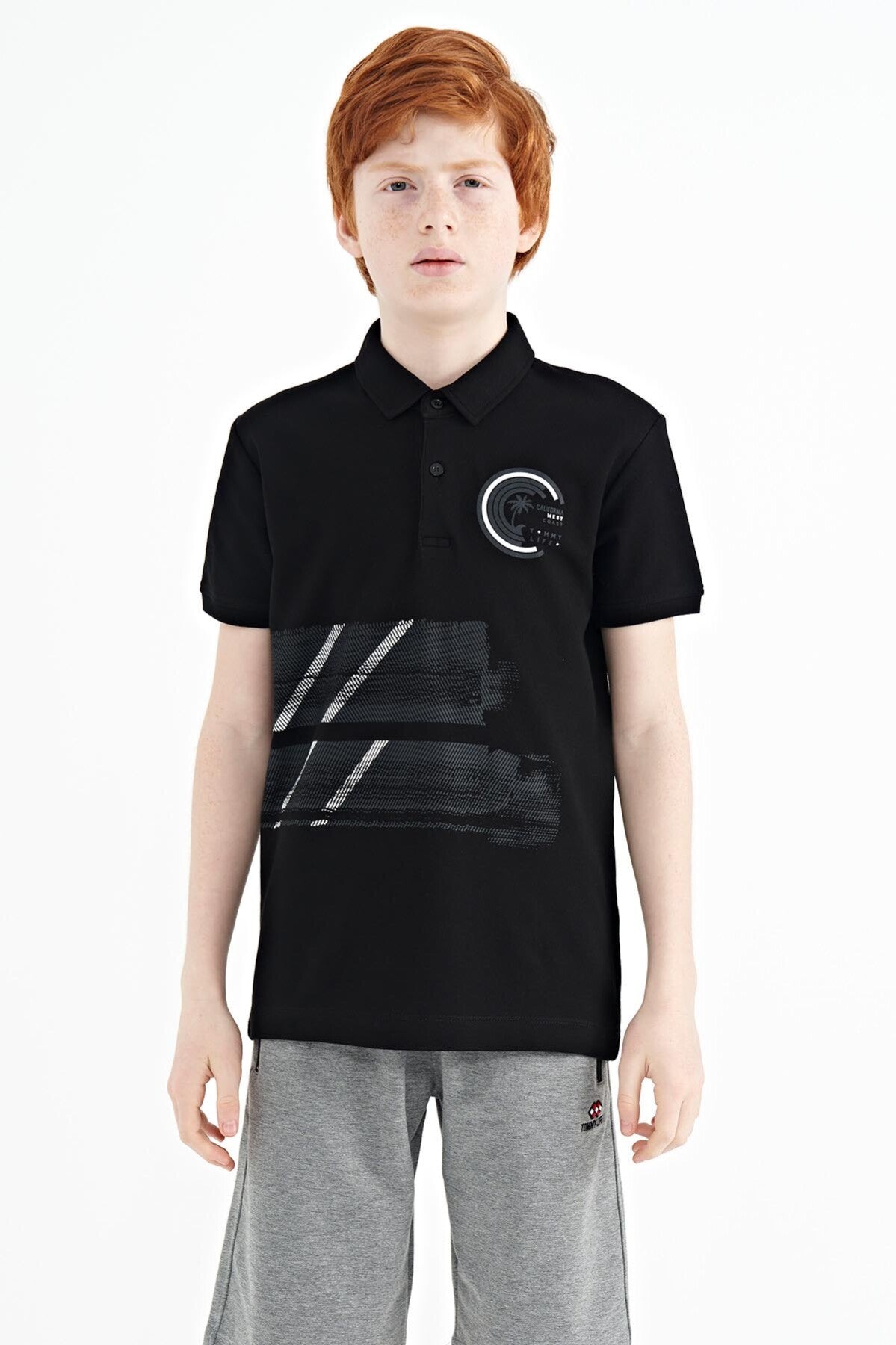 Black Print Detailed Polo Collar Standard Fit Boys T-Shirt - 11094