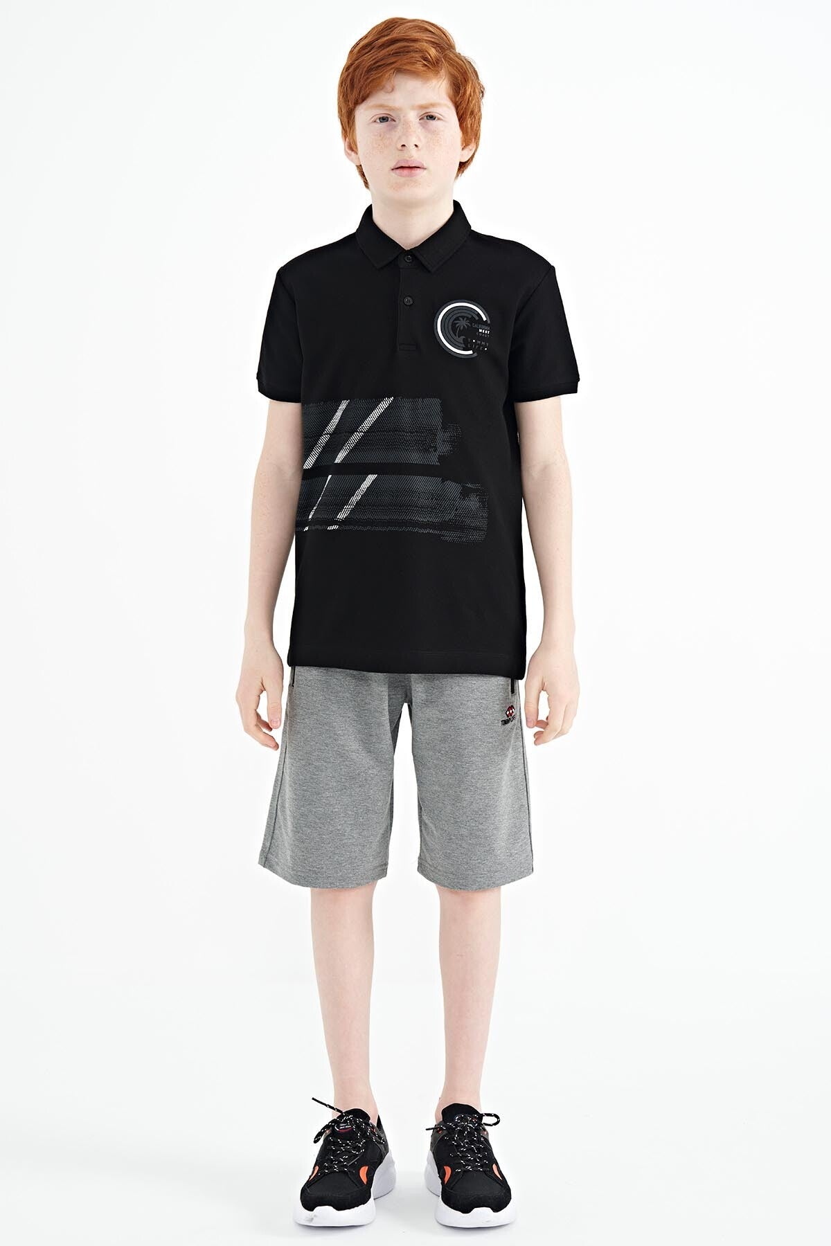 Black Print Detailed Polo Collar Standard Fit Boys T-Shirt - 11094