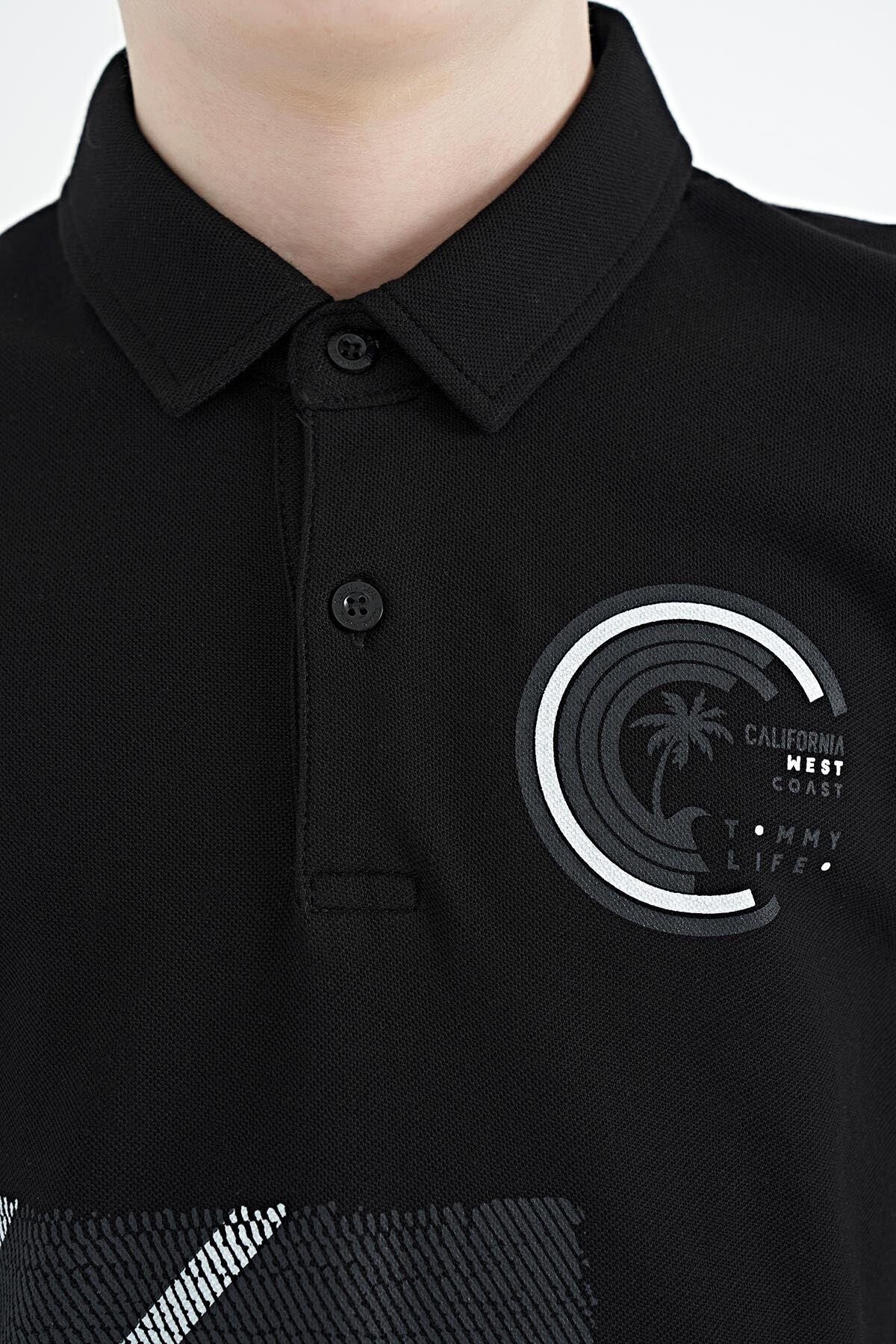 Black Print Detailed Polo Collar Standard Fit Boys T-Shirt - 11094