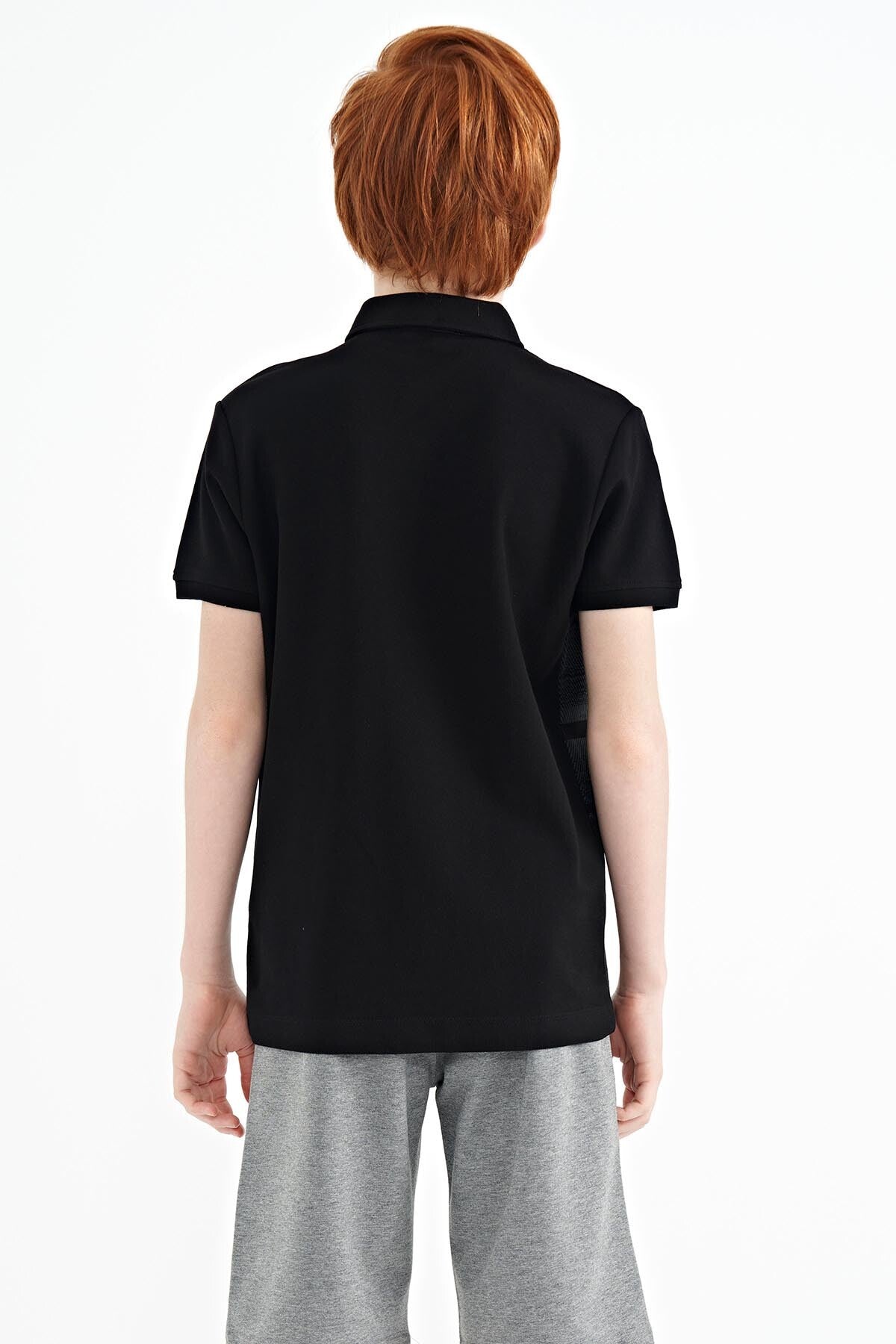 Black Print Detailed Polo Collar Standard Fit Boys T-Shirt - 11094