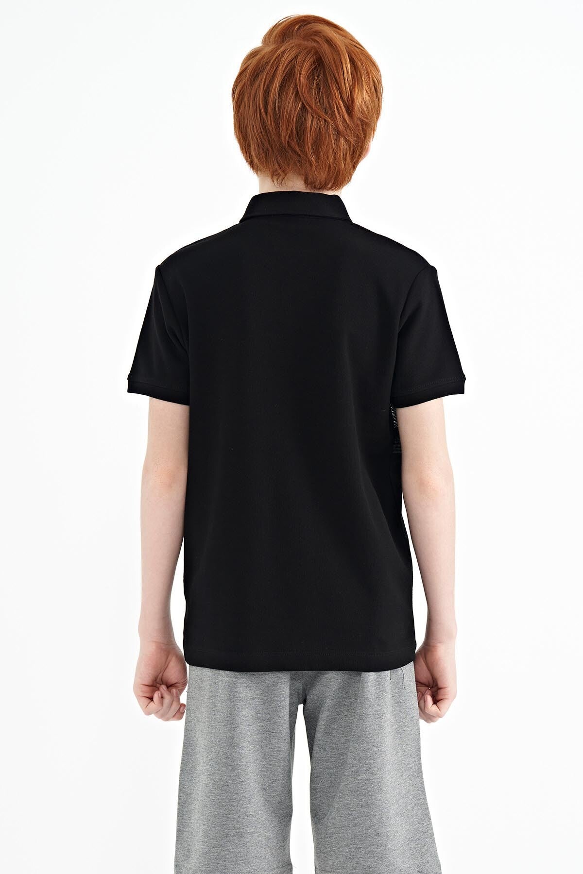Black Print Detailed Standard Mold Polo Collar Boys T-Shirt - 11101