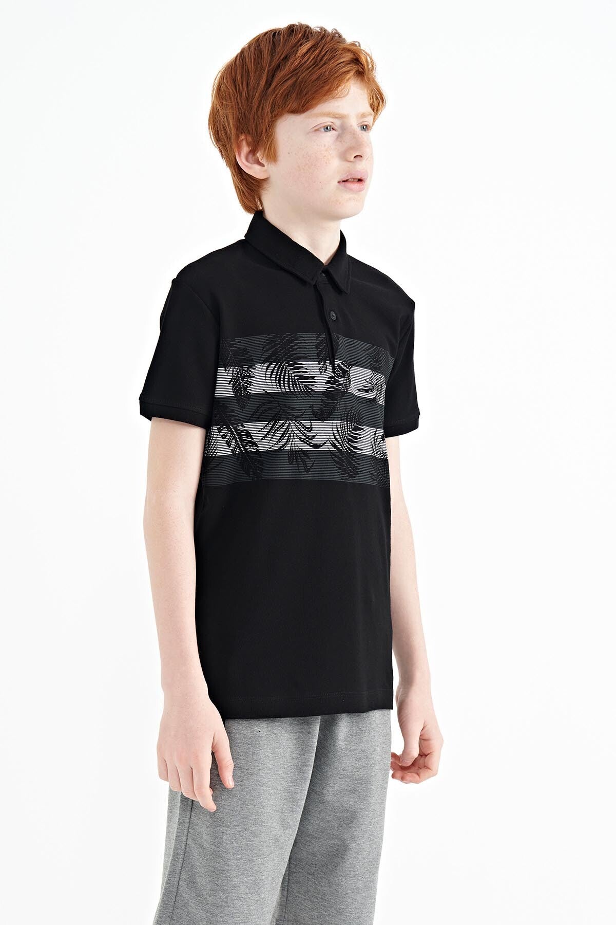 Black Print Detailed Standard Mold Polo Collar Boys T-Shirt - 11101