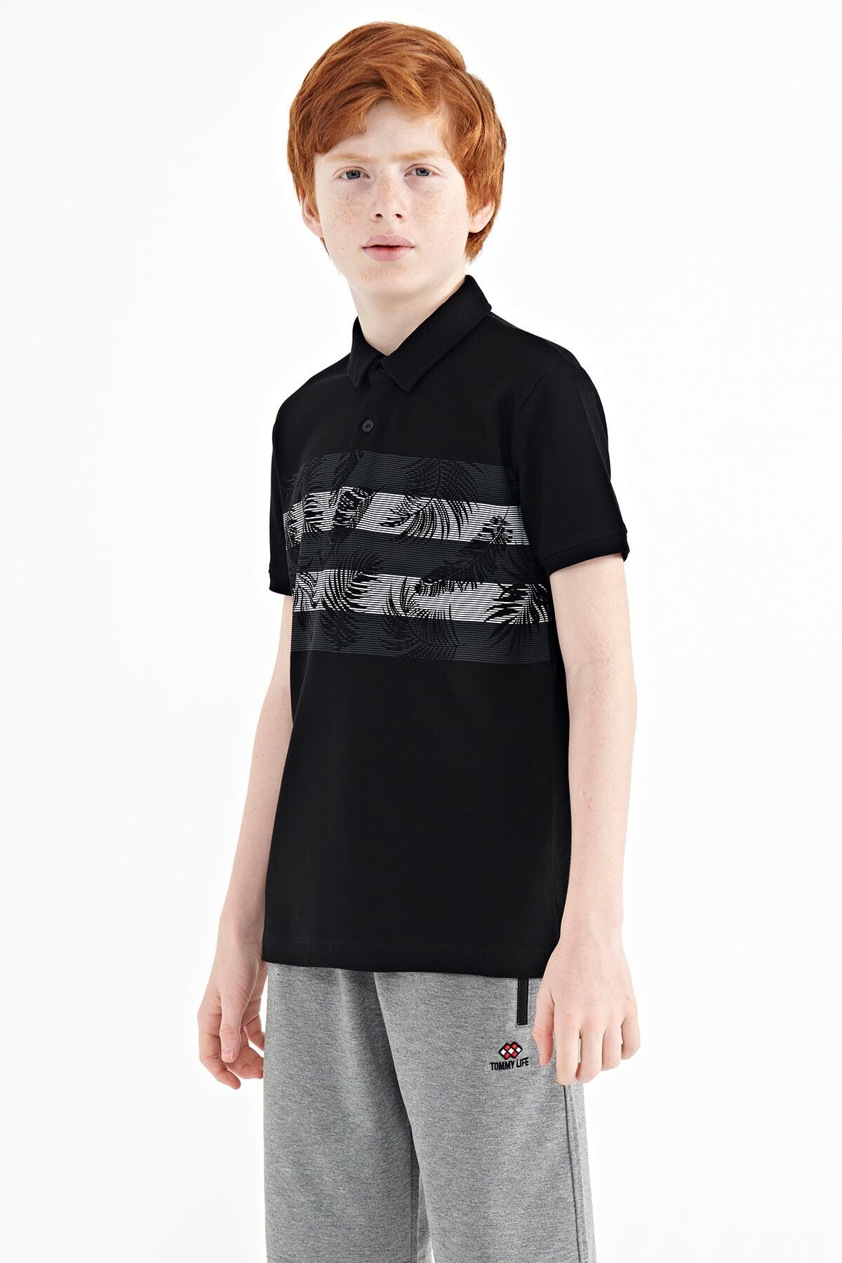 Black Print Detailed Standard Mold Polo Collar Boys T-Shirt - 11101