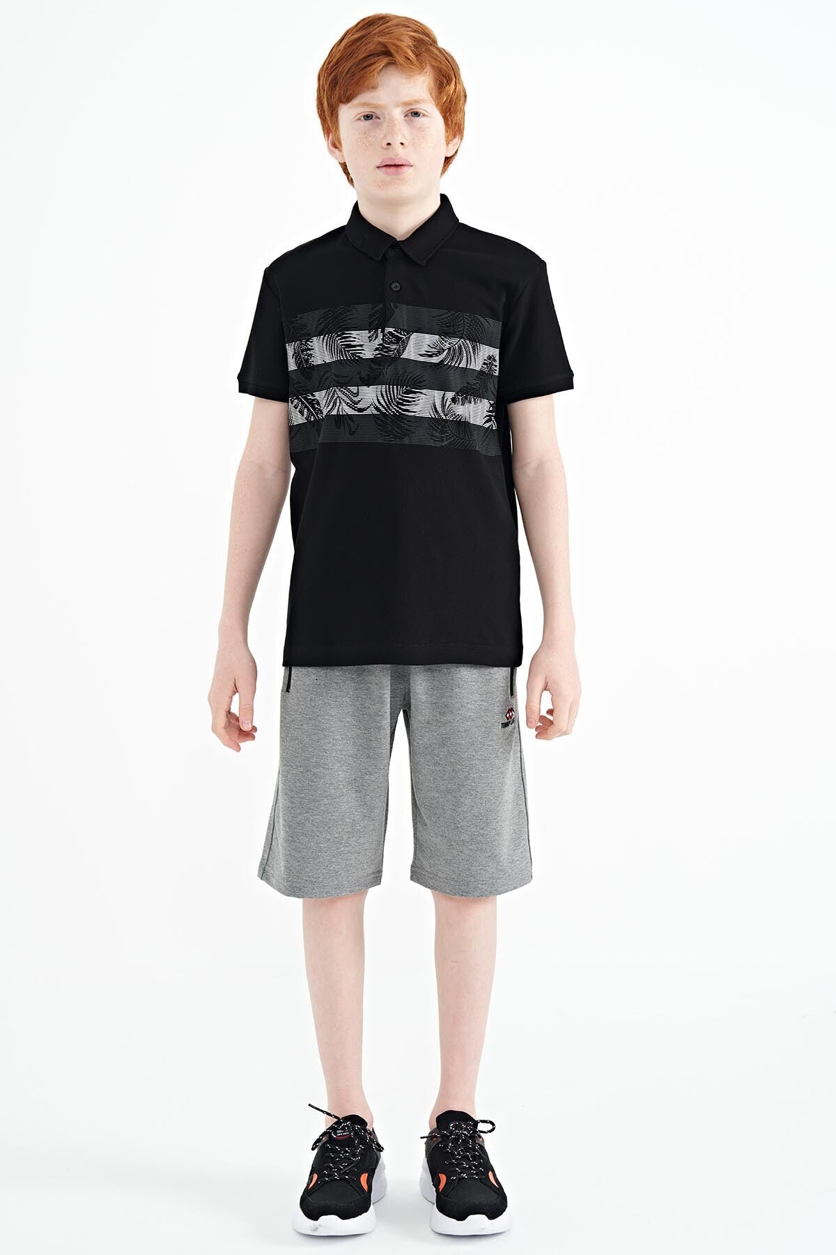 Black Print Detailed Standard Mold Polo Collar Boys T-Shirt - 11101