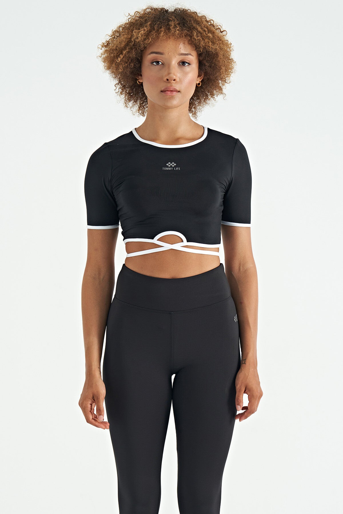 Black Waist Tie Detailed O Collar Standard Cut Diver Fabric Women's Crop T-Shirt - 97266