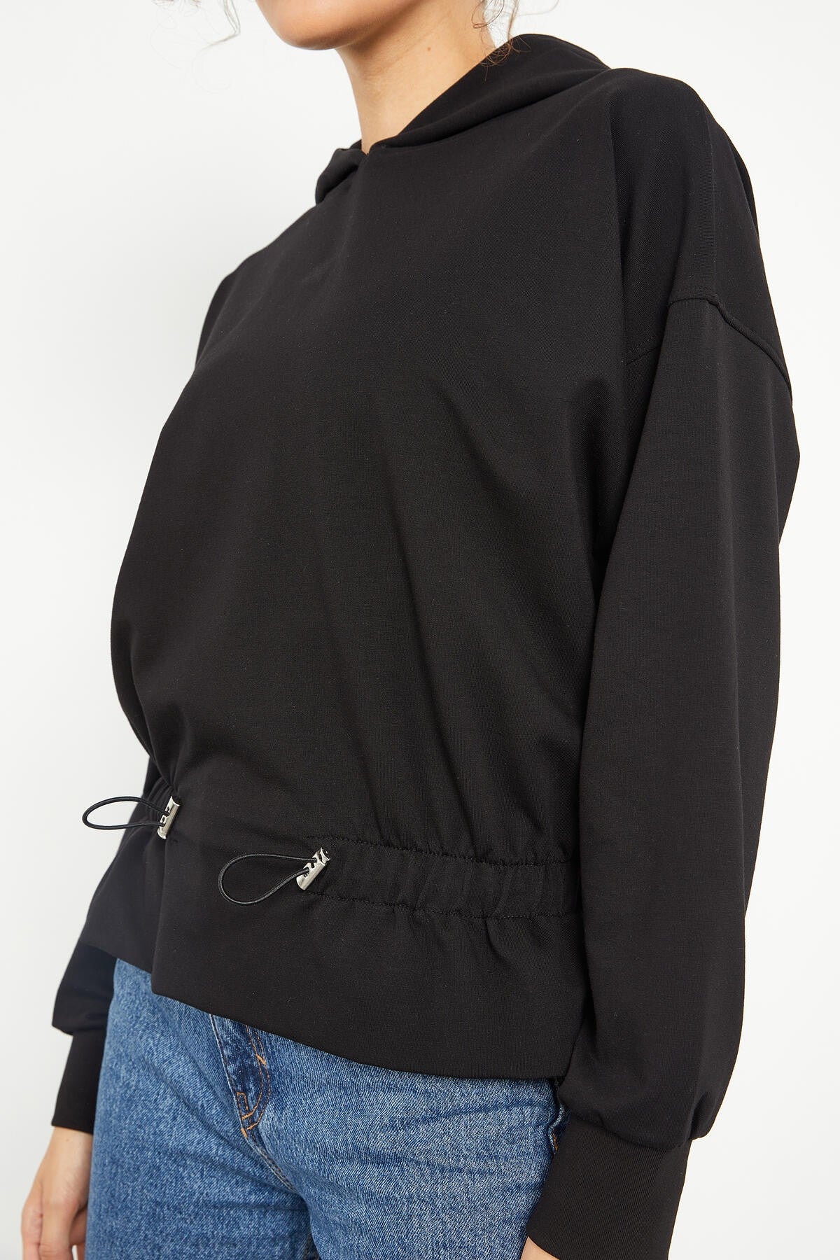 Black Belted Pleated Hooded Women's Oversize Sweatshirt - 97159