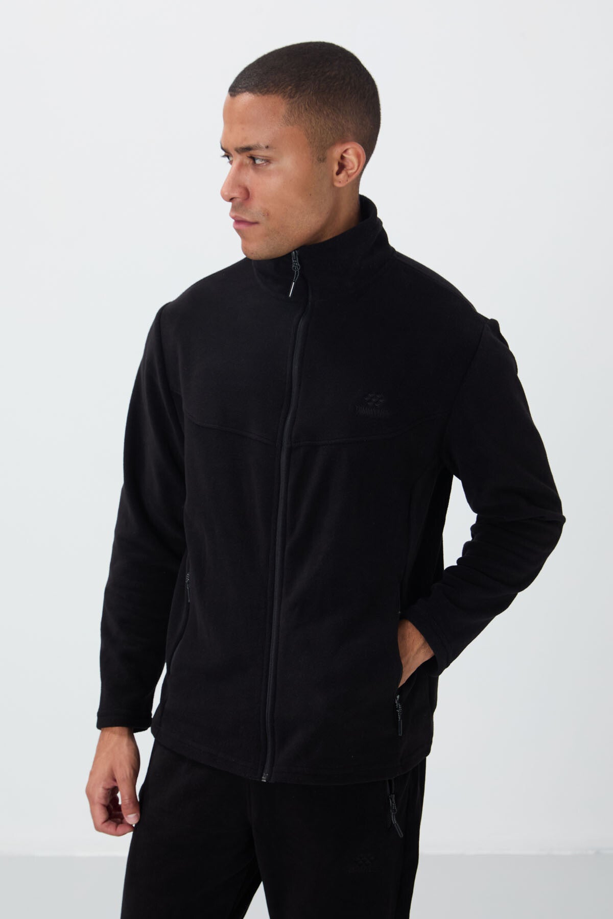 Black Straight Collar Basic Zippered Pocket Standard Fit Men's Polar Tracksuit Set - 85193