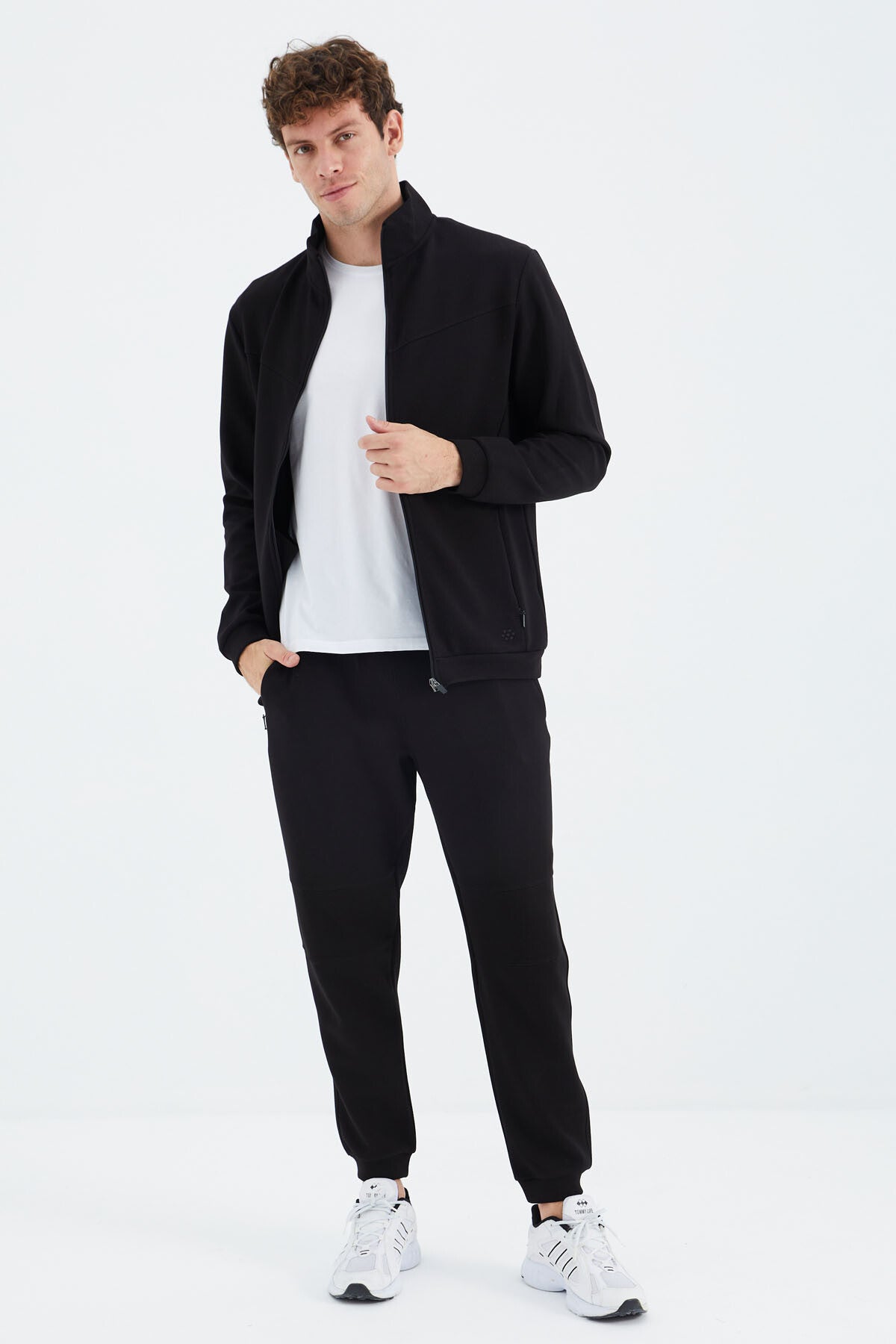Black Stand Collar Hidden Pocket Detailed Relax Fit Men's Tracksuit Set - 85220