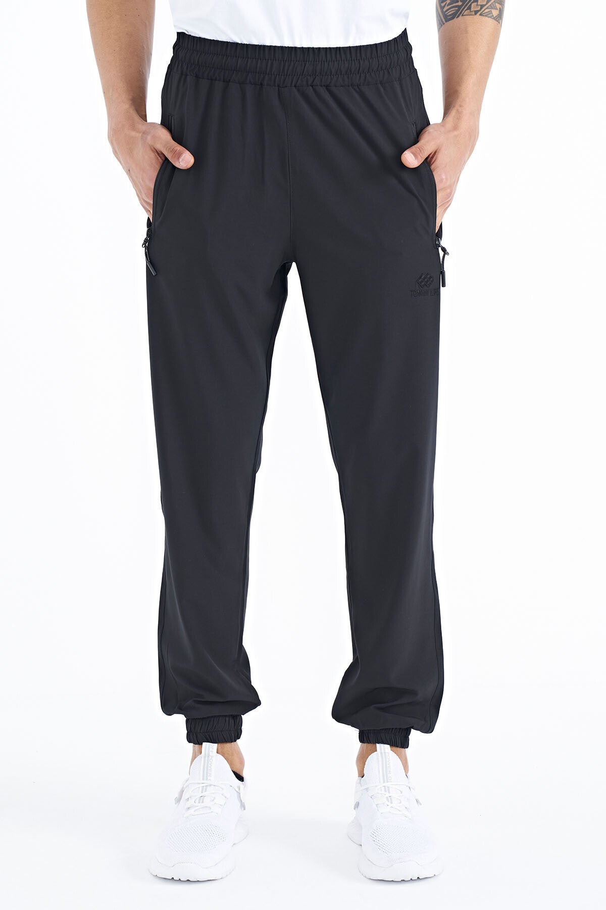 Black Men's Basic Pocketed Laced Comfortable Elastic Cuff Tracksuit Bottom - 84826