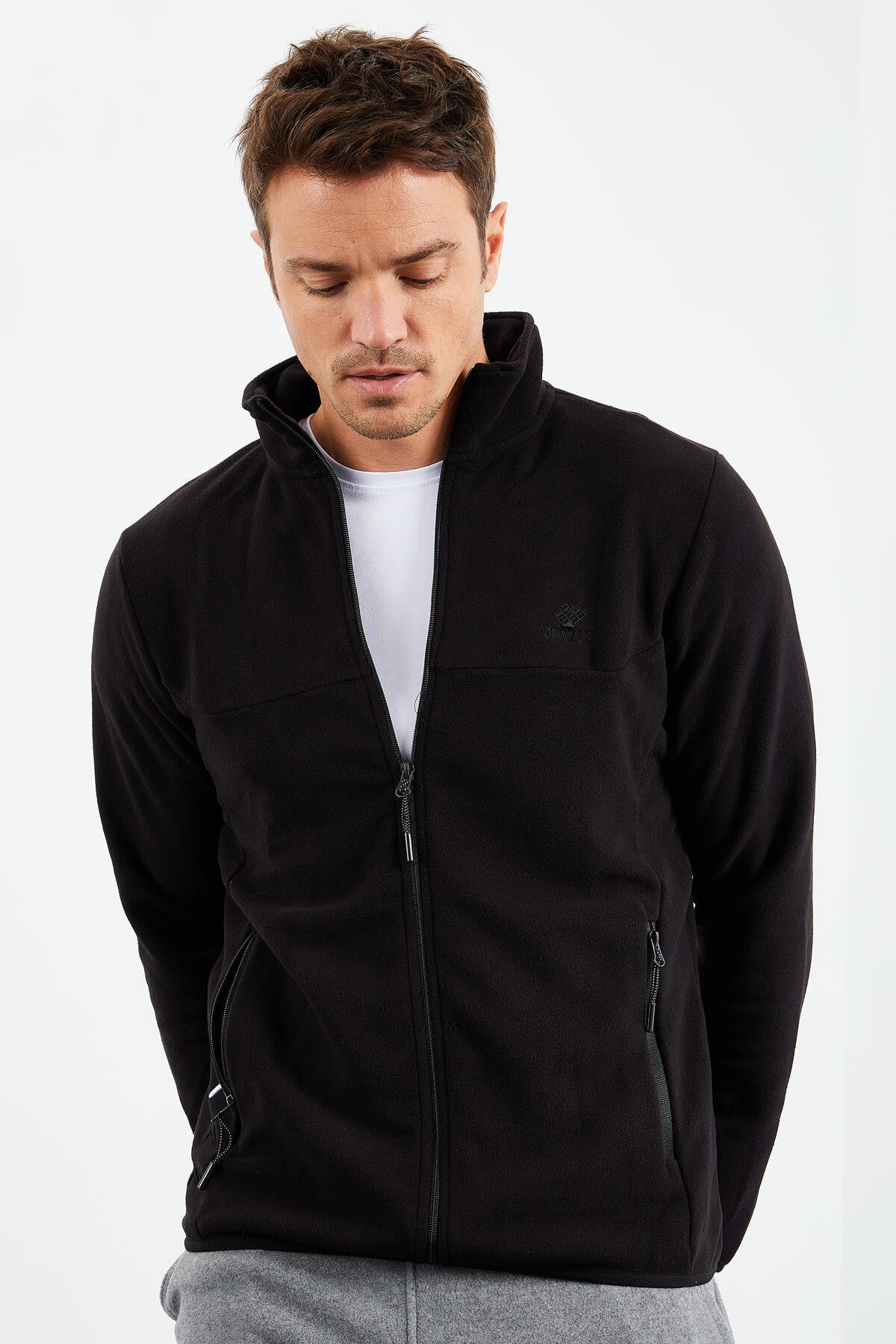 Black Zippered Sweatshirt Slim Fit Stand-Up Collar Men's Fleece - 87270