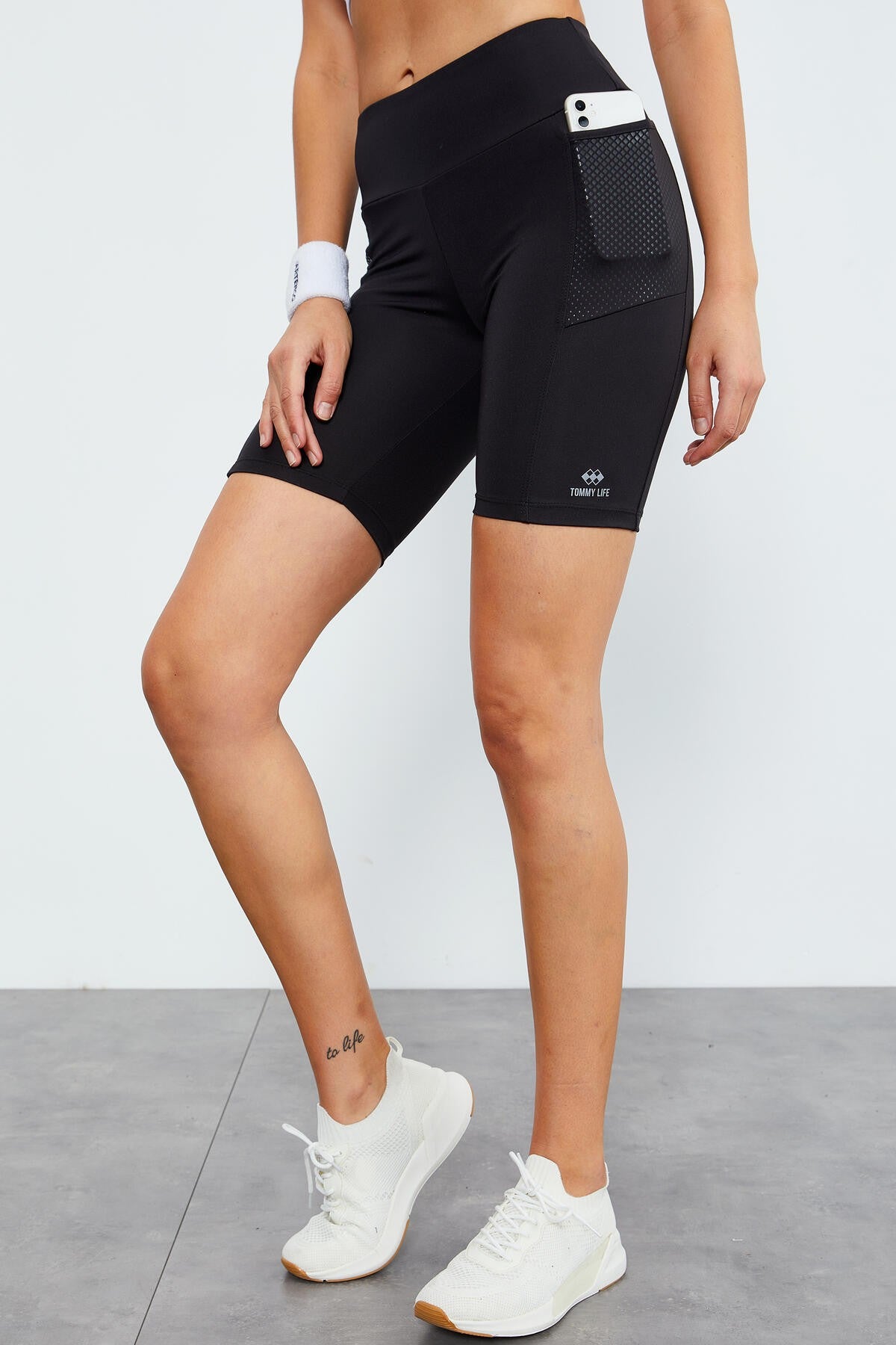 Black High Waist Wrap-up Women's Biker Tights with Side Pockets - 91010