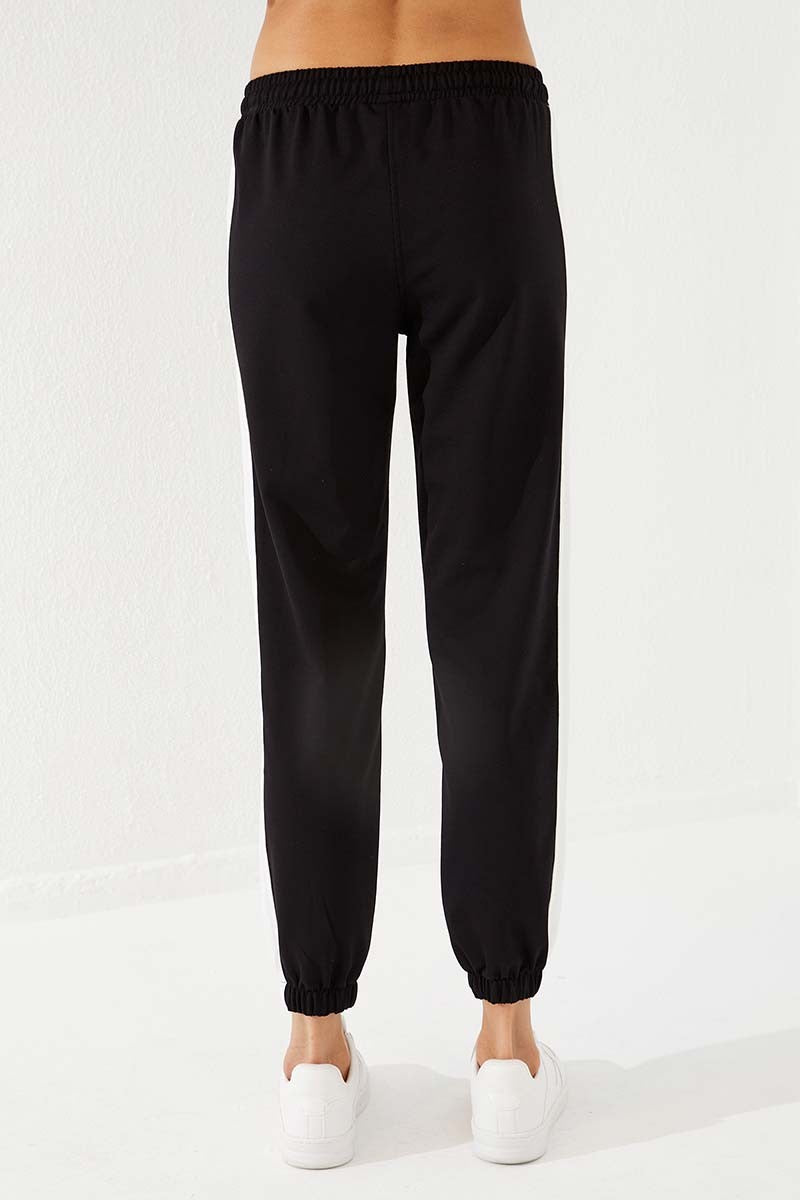 Black Two-Tone Striped Comfortable Elastic Cuffed Women's Tracksuit Bottom - 94582