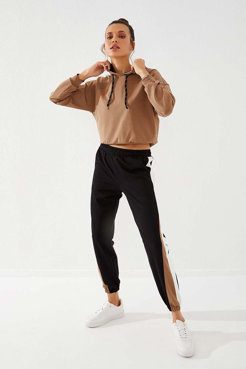 Black Two-Tone Striped Comfortable Elastic Cuffed Women's Tracksuit Bottom - 94582
