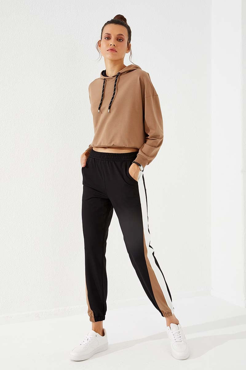 Black Two-Tone Striped Comfortable Elastic Cuffed Women's Tracksuit Bottom - 94582