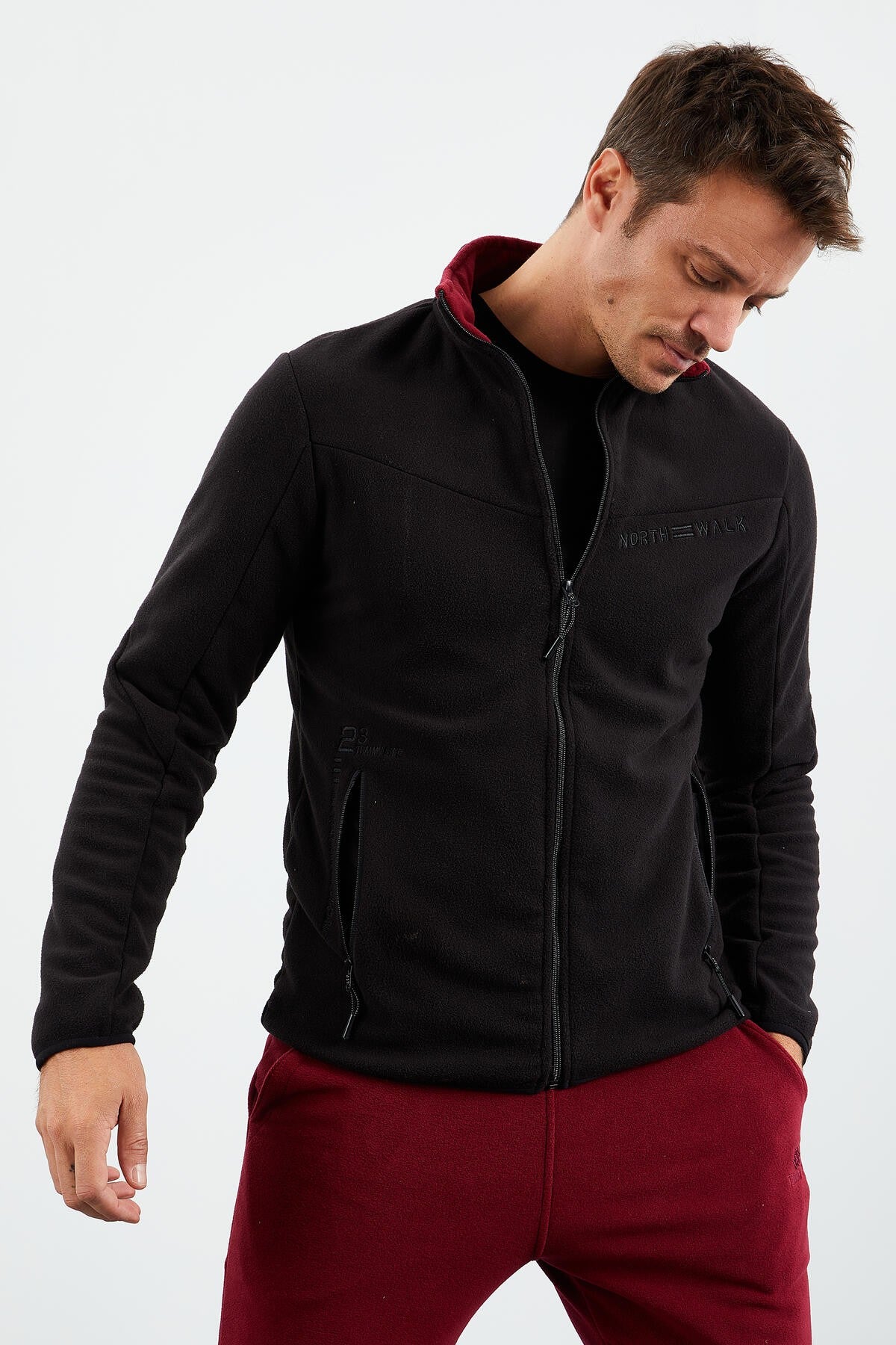 Black Two-Tone Zippered High Collar Standard Fit Men's Sweatshirt Fleece - 87994