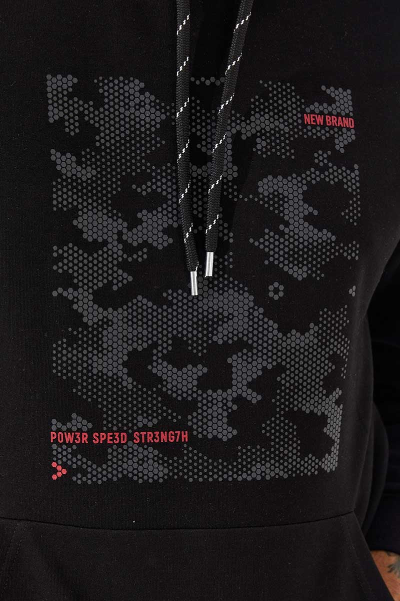 Black Camouflage Pattern Printed Standard Fit Men's Hooded Sweatshirt - 87884