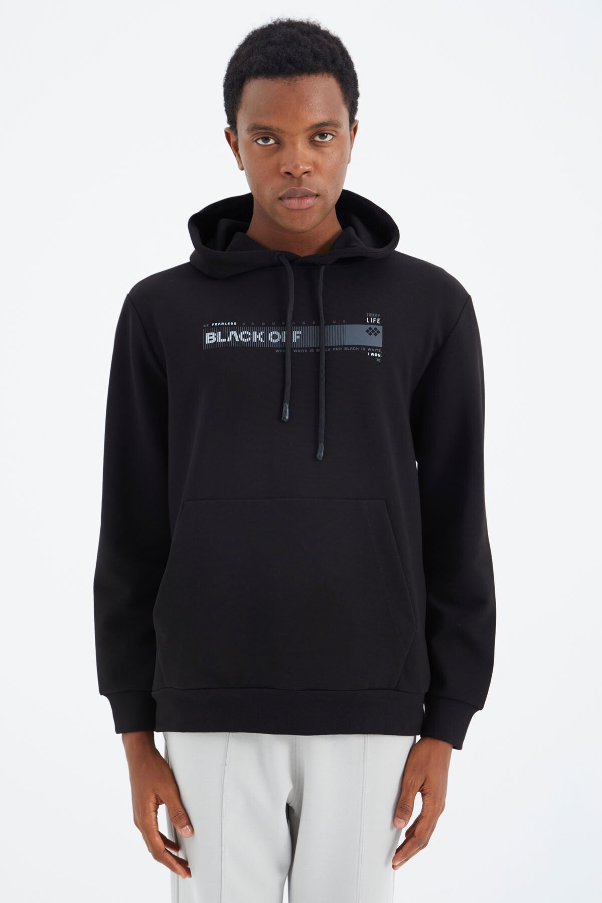 Black Hooded Laced Print Detailed Relax Fit Men's Sweatshirt - 88287